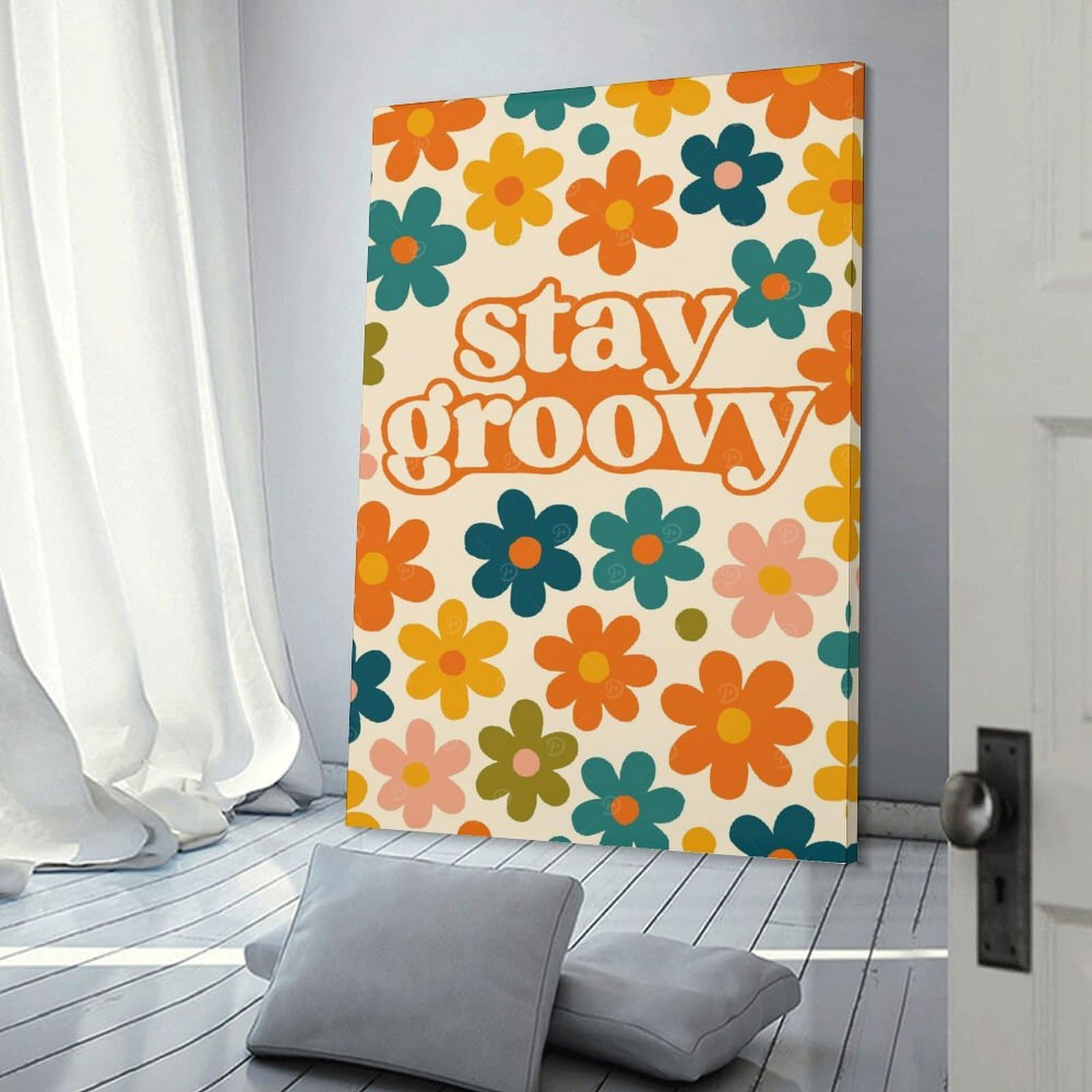 Junmoney Stay Groovy Floral Pattern Canvas Wall Art, 20x30inch(50x75cm), for Bedroom, Guest Room Or Reading Nook, Decorative Wall Art for Cosy Rooms
