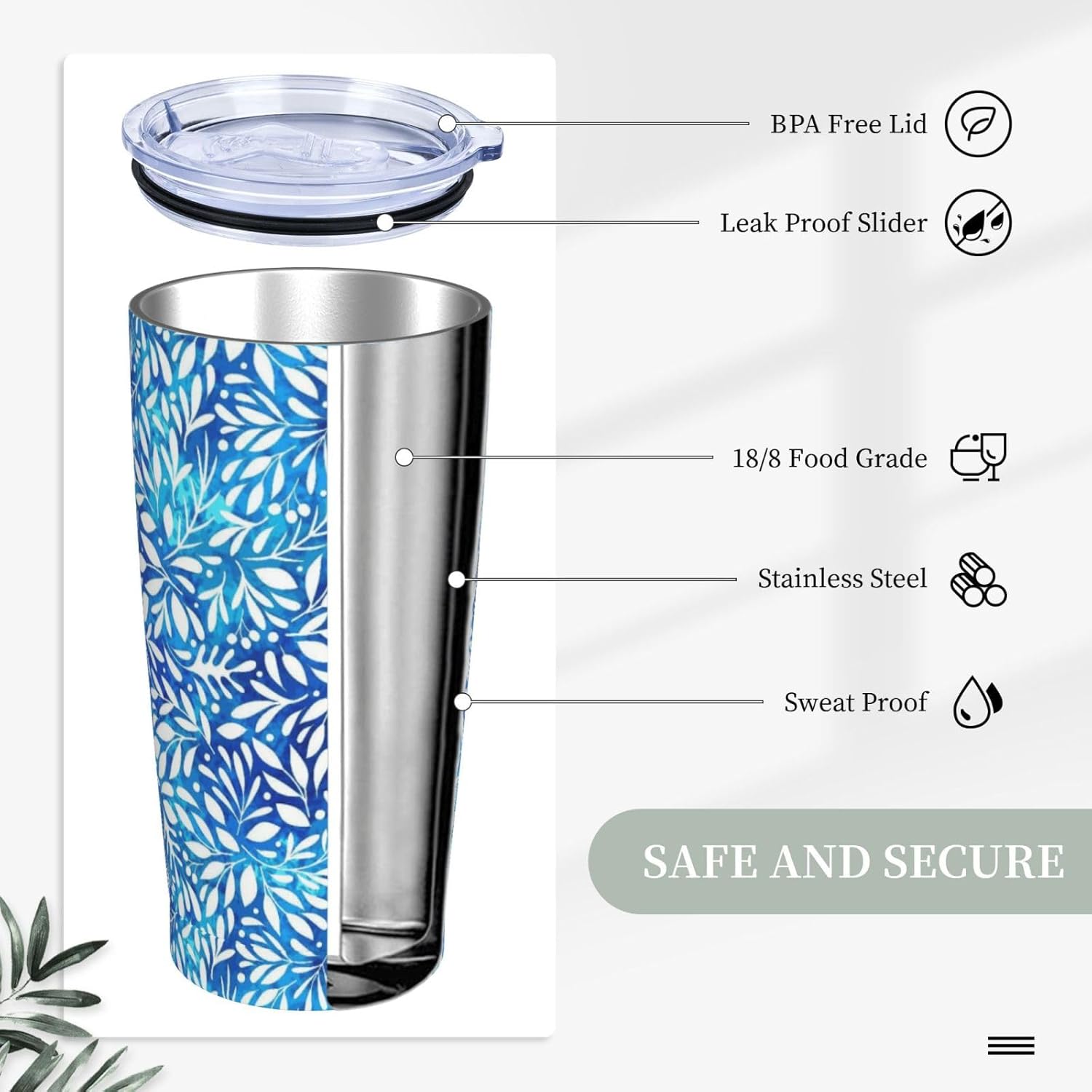 Botanical Floral Tumbler Cup with Lid and Straw, 20 oz Stainless Steel Insulated Travel Mug, Hot and Cold Water Bottle, Blue Leaves Souvenir for Men Women - Image 4
