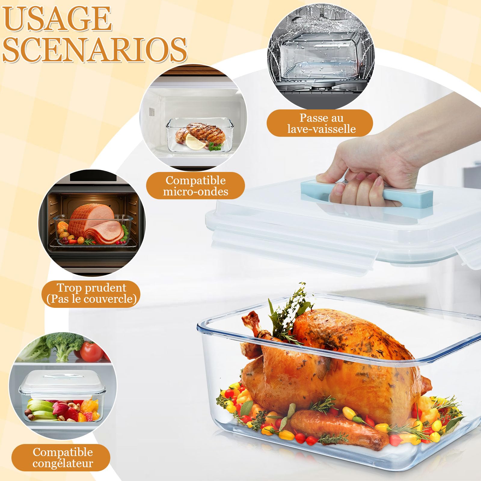 Boîte de Conservation en Verre 6 L avec Couvercle Hermétique | Grand Récipient Alimentaire Rectangulaire pour Four et Congélateur, Meal Prep, Poulet Rôti et Plats Familiaux