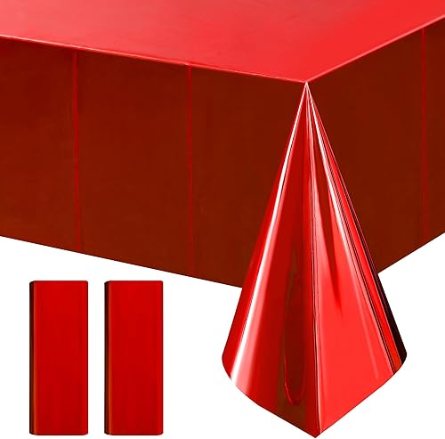 2 manteles de papel de aluminio rojo de 54 x 72 pulgadas, de plástico, para Navidad, carnaval, fiesta de cumpleaños, manteles desechables