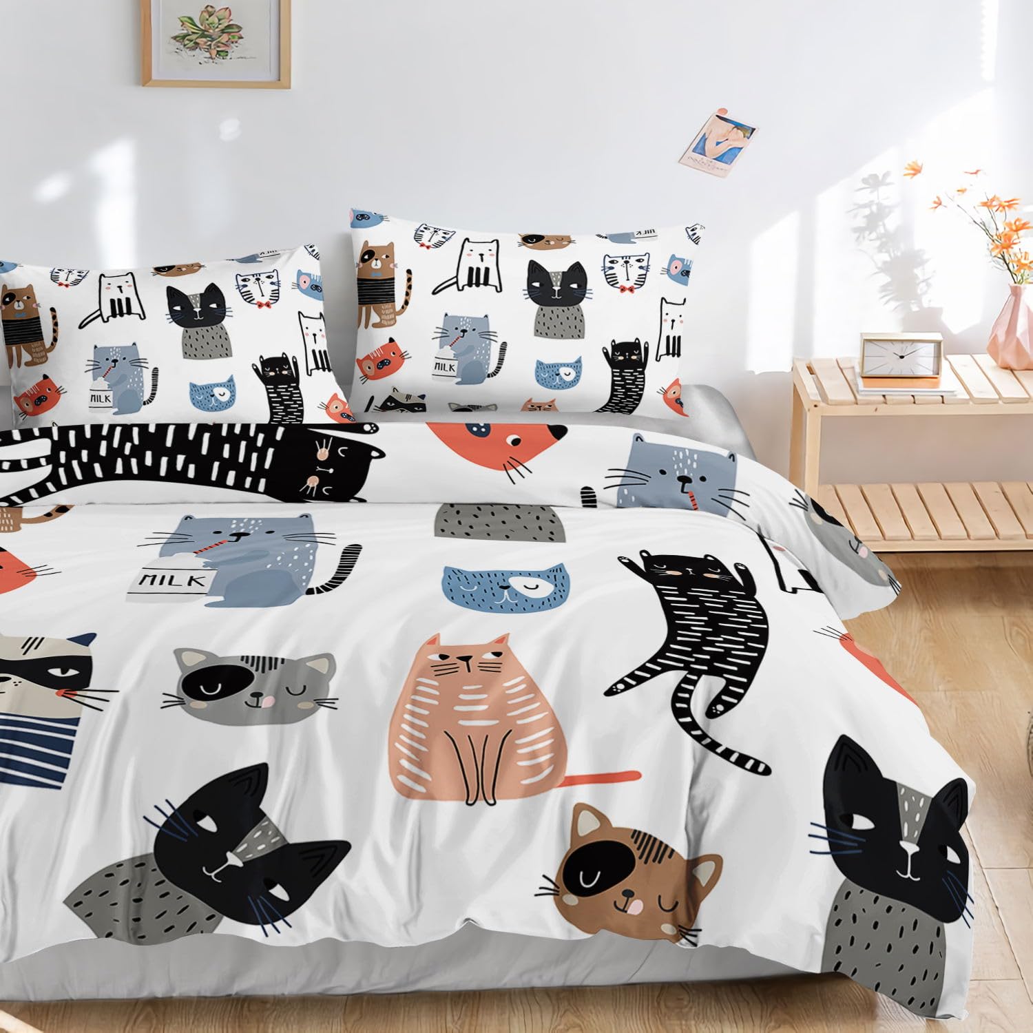 HOSIMA Bettwäsche-Set mit Cartoon-Katzen-Aufdruck für Erwachsene, Jungen und Mädchen - Bettbezug mit 2 Kissenbezügen (S)