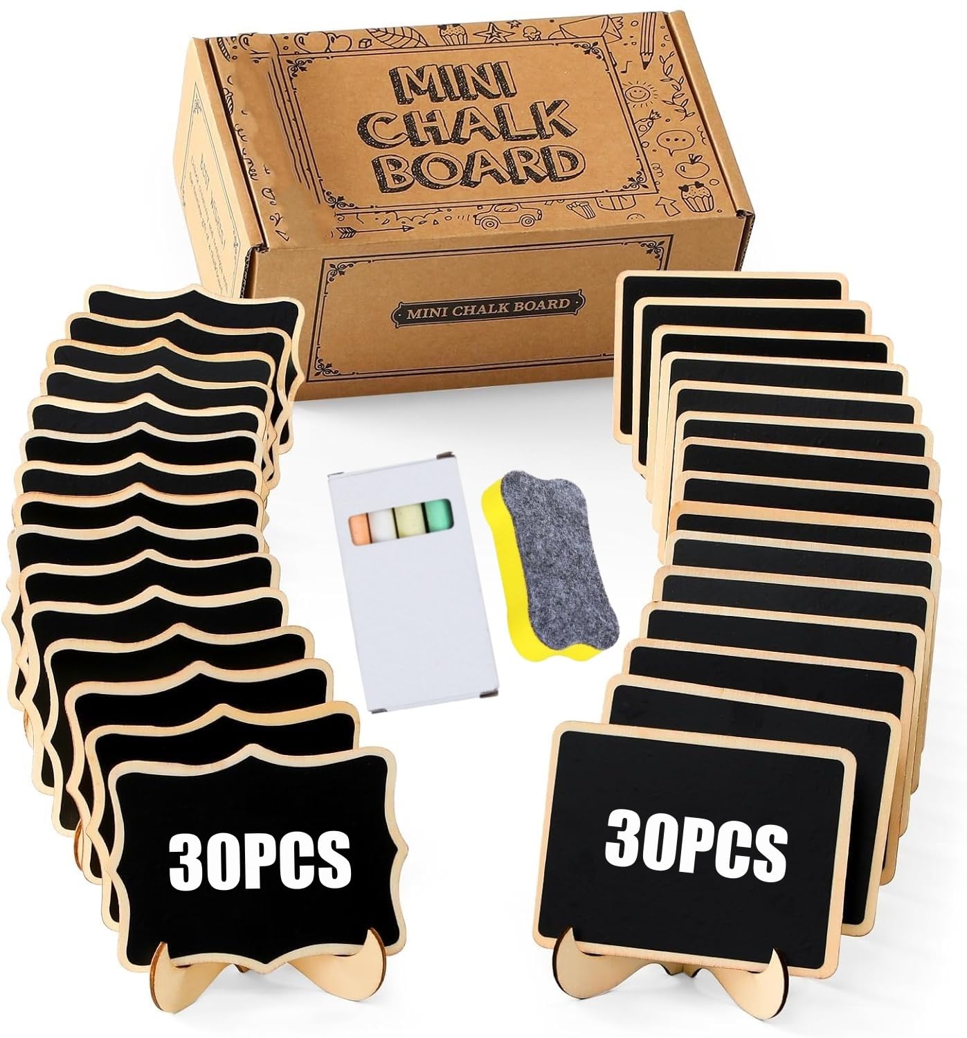 LATERN 60Pcs Mini Chalkboard Signs, 10CM x 7.5CM Wooden Chalkboard Labels Small Rectangle Message Blackboards with Easel Stand and Chalk for Table Numbers, Food Signs, Wedding Signs, Place Cards
