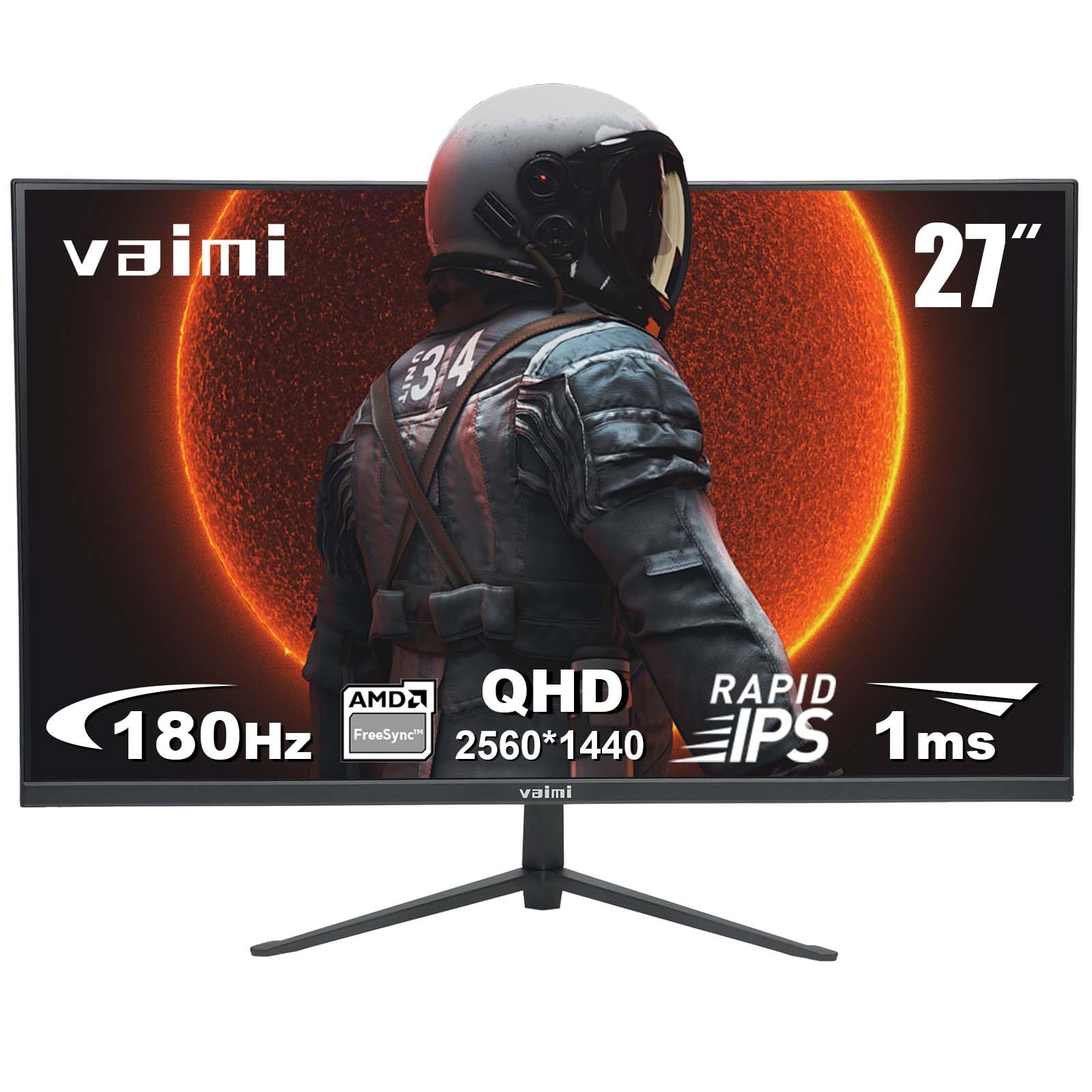 Photo 1 of VAIMI 27 Inch QHD 2560 x 1440 Gaming Monitor, 180Hz 1ms Fast IPS Computer Screen, DP 1.4 x2, HDMI 2.0 x2, VESA Mount, 130% sRGB HDR Eye Care Metal Stand DP Cable