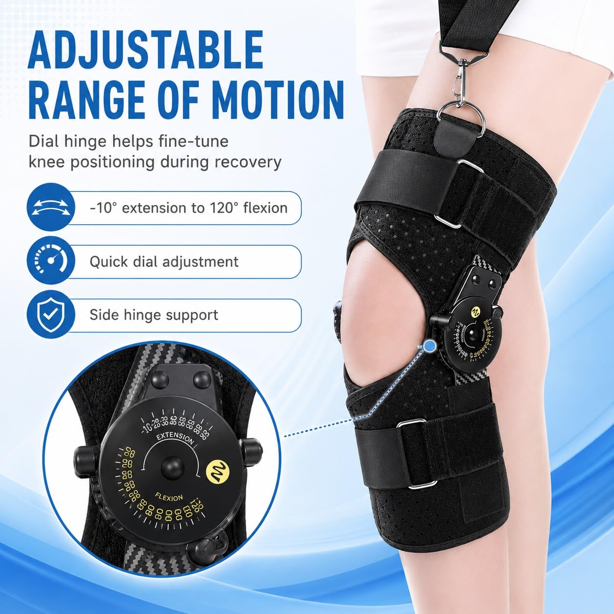 Gelenkige Knieorthese, verstellbare Bewegungsamplitude, Kniestütze zur Unterstützung der ACL-Rehabilitation nach postoperativer orthopädischer Schiene, Stabilisator bei Bänderzerrungen, Beinschut