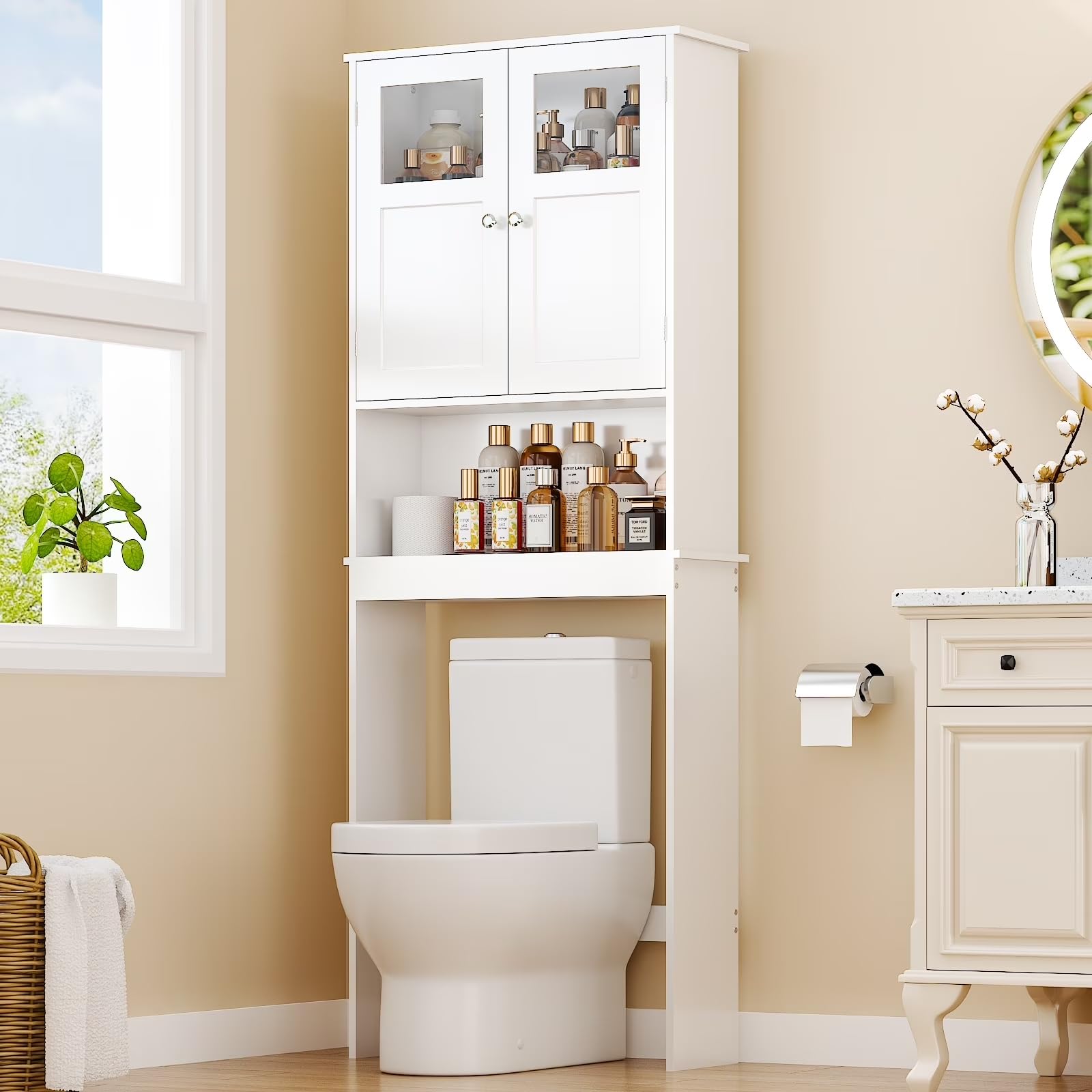 LEADZM Meuble de WC avec étagère réglable et Placard à 2 Portes Verre | Blanc