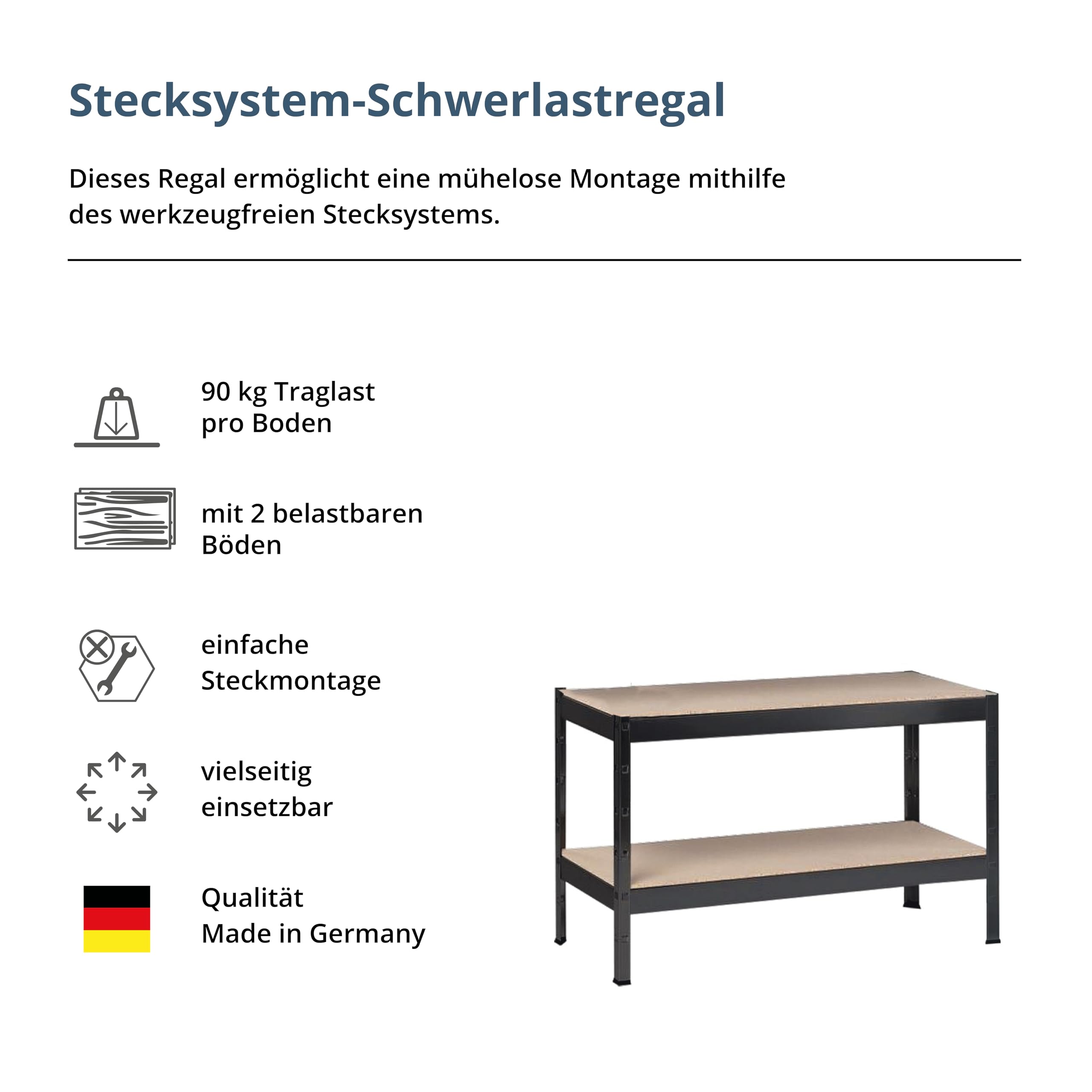SCHULTE Regalwelt Schwerlastregal mit 2 Holzböden, 43x100x35 cm (HxBxT), Traglast pro Ebene ca. 90 Kg, schwarz-Struktur, Lagerregal, Kellerregal, Werkstattregal, Steckregal