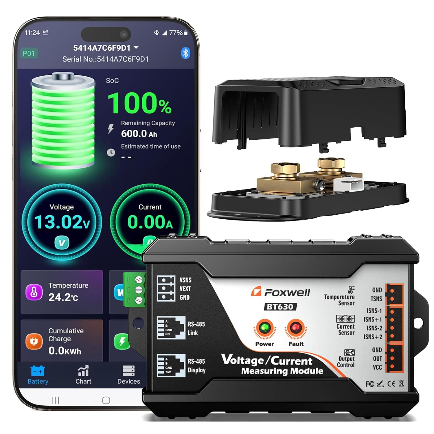 FOXWELL BT630 600A Precision Sensible Shunt, Bluetooth Battery Monitor for LiFePO4/Lithium, RV, Photo voltaic, Marine, Off-Grid, Observe Volt, Amps, Watts, Capability with Safety Alarms, Lengthen Battery Life, APP