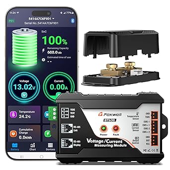 2026 Bluetooth Battery Monitor with 600A Smart Shunt FOXWELL BT630, Track Volt/Amp/Watt/Capacity, 8 Protection Alarms, for LiFePO4/Lithium/RV/Solar/Marine/Off-Grid, Extend Battery Life, Easy Install