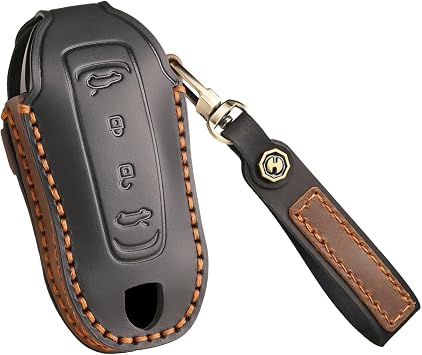 ontto Key Fob Cover Fit for Porsche Macan 2025 2024 Auto Accessories Handmade Leather Car Key Shell Case with Keychain,Antiscratched Key Housing,Black