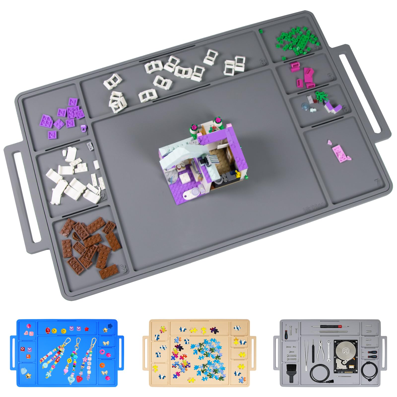 Mirthben Building Plate with Numbered Panels, Building Block Tray Silicone Mat as a Craft Mat for Children, Base Plate to Promote Creativity and Order (Dark Grey)