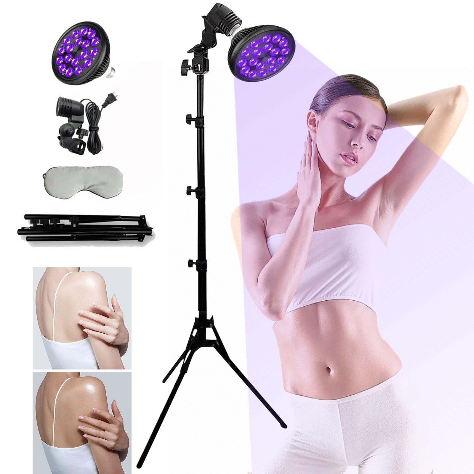 Lampe de bronzage pour visage et corps, lampes solaires LED pour bronzage, avec masque pour les yeux et support réglable, lampadaire rotatif à 180°, lumière violette, pour peau bronze antique (54W)