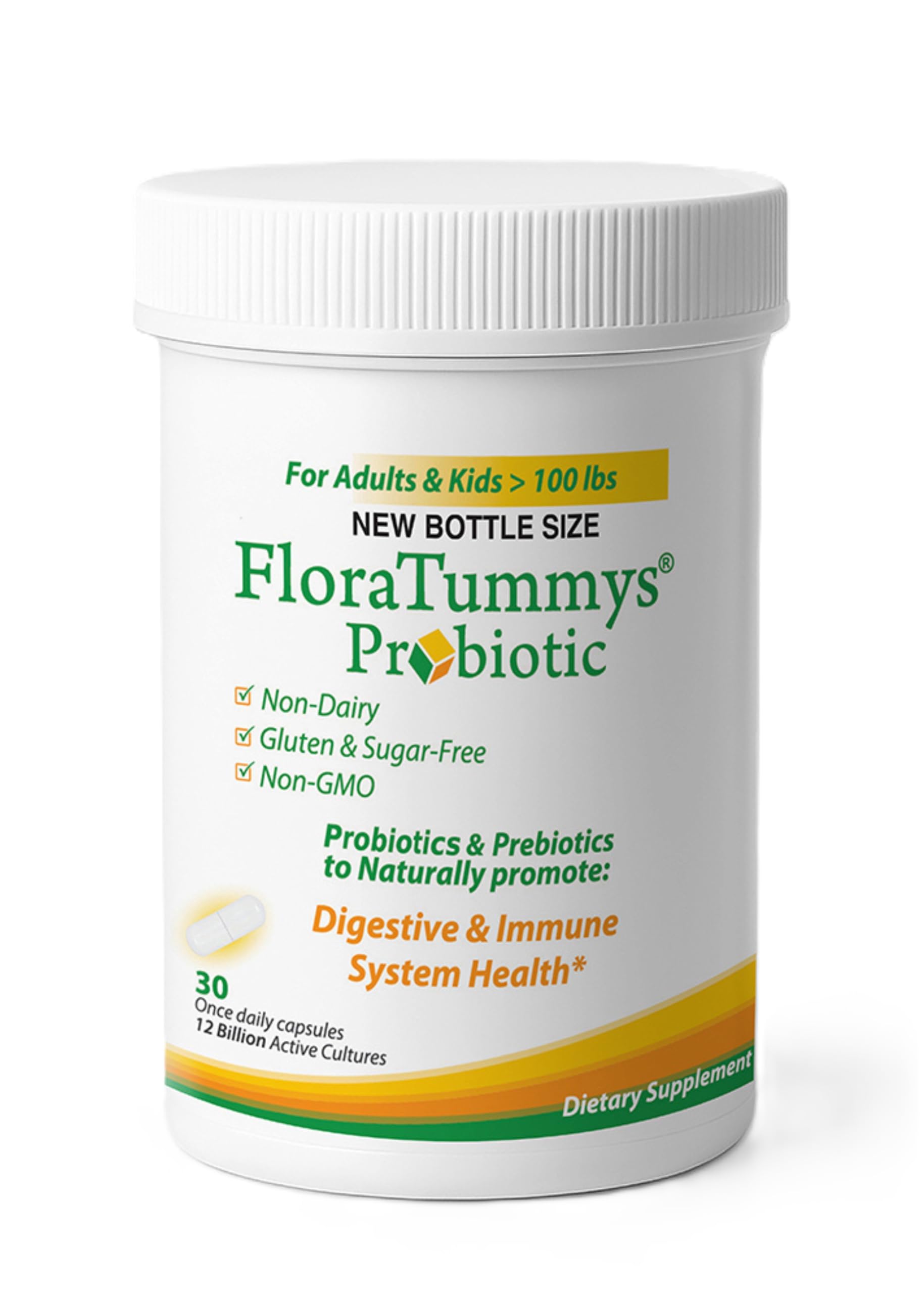 FloraTummys Probiotic for Women, Men and Kids. 12 Billion CFU, 4 Probiotic Strains, Prebiotics, Non-GMO, Kosher, Non-Dairy, Gluten Free, Sugar Free, Made in The USA