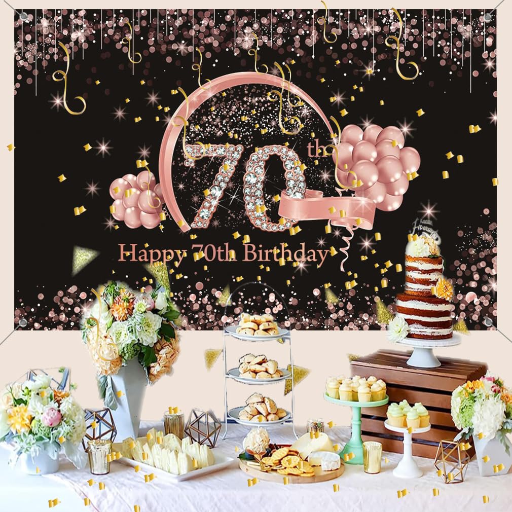 Happy 70th Geburtstag Banner 150x90 Cm – Glitzerndes Poster Für Die Dekoration – Mit Ösen Zum Aufhängen
