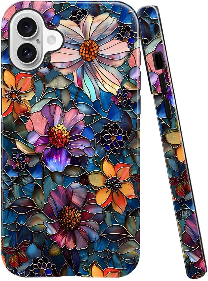 Case Compatible with iPhone 16,Fall Prevention Bright Hybrid 2-Layer Hard Shell Phone Case for Girls Boys,Colorful Floral Flower Art