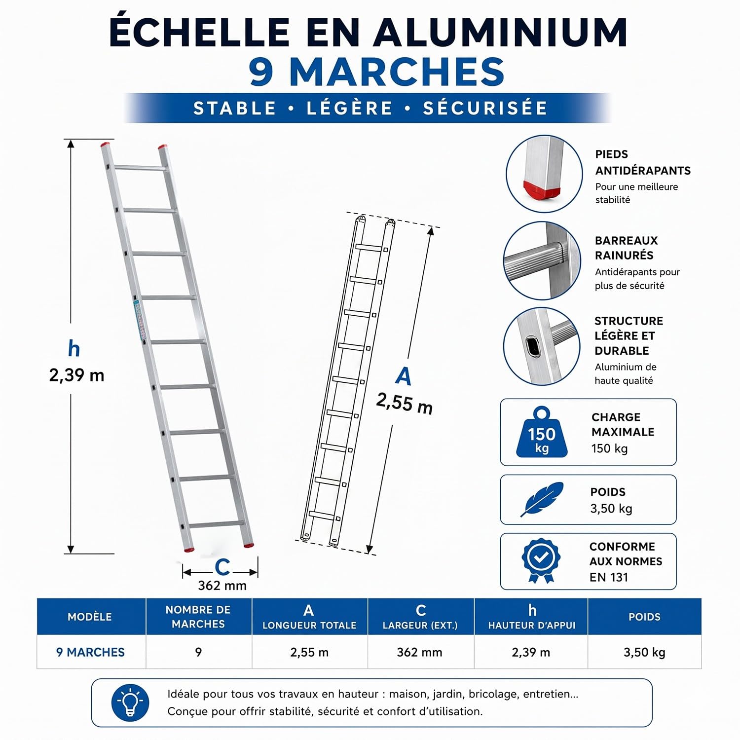 Xtra Echelle Simple en Aluminium 9 marches