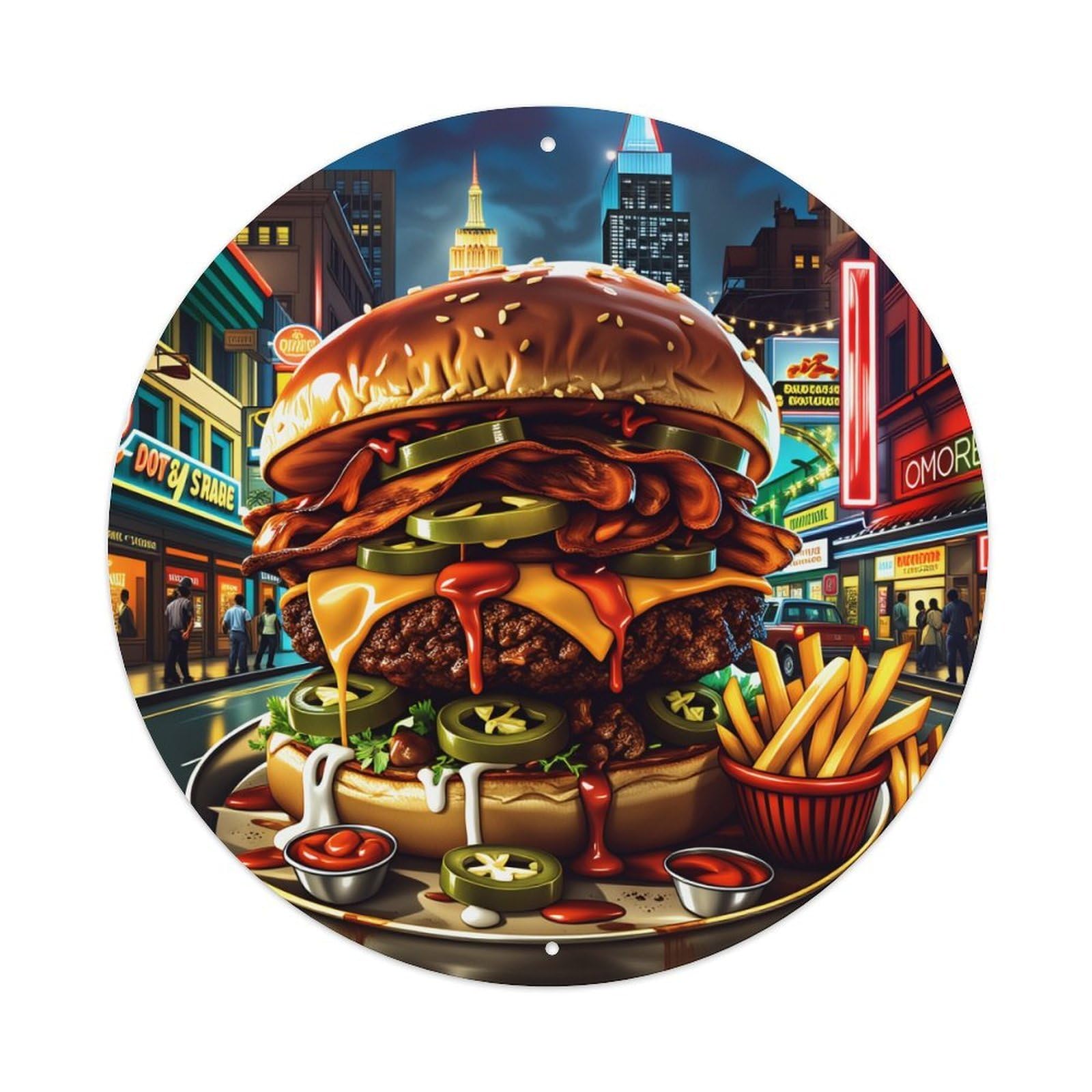Giant Burger With Cheese And Fries Round Tin Sign Vintage Style Metal Sign Home Bar Garden Wall Plaque Decor Metal Poster 8x8 Inch