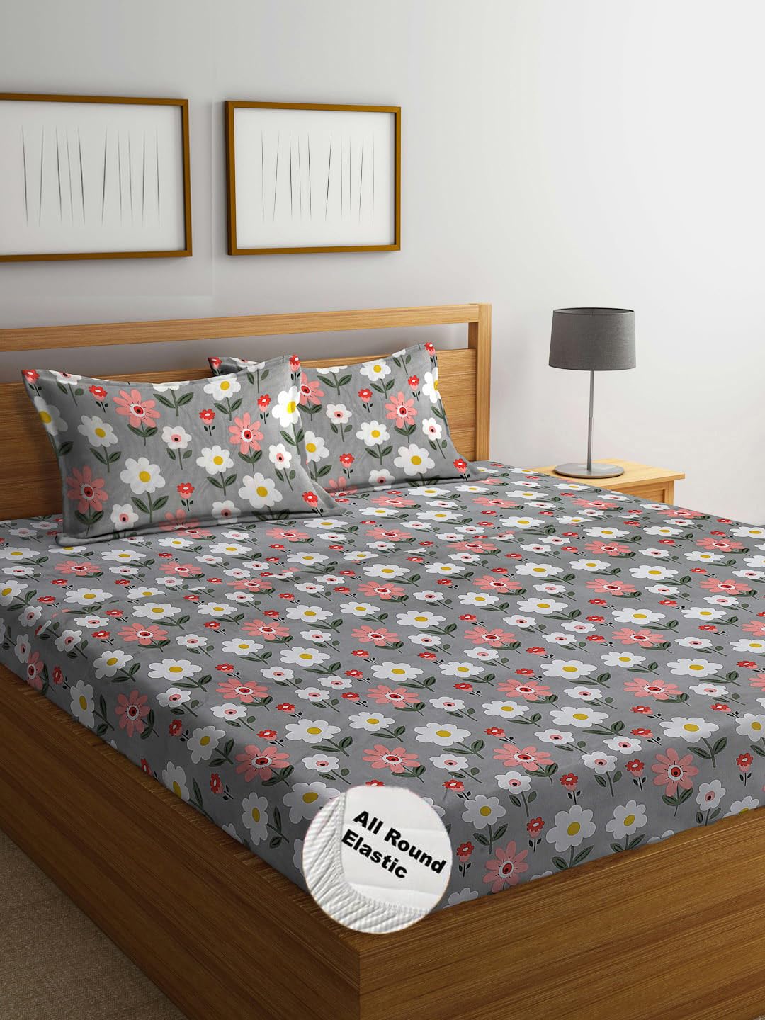 DECOMIZER 300 TC Cotton Feel Glace Cotton Elastic Fitted Printed King Size Double Bed Bedsheet with 2 Pillow Coverm Fits Upto 8 inches Mattress, Size- 72x78x10 Inches, Grey Sunflower