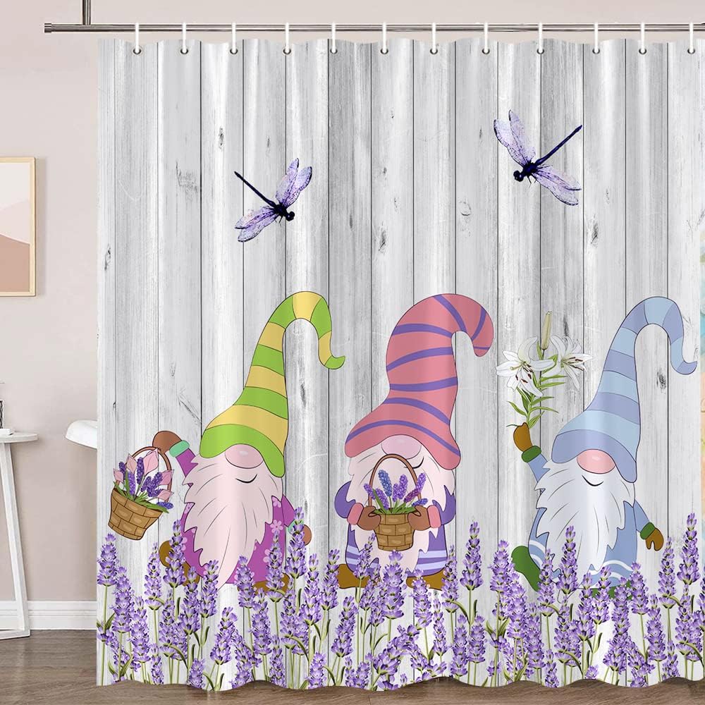 XHCEOH Gnomes Shower Curtain Rustic Floral Lavender Gnome