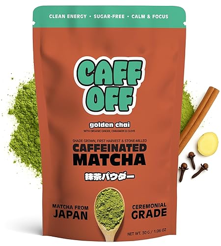 Caff Off Chai Matcha Té Verde en Polvo de Japón  1.06 oz  30 g  Con canela, jengibre y clavo  Grado ceremonial y sin azúcar  Sin rellenos ni leche