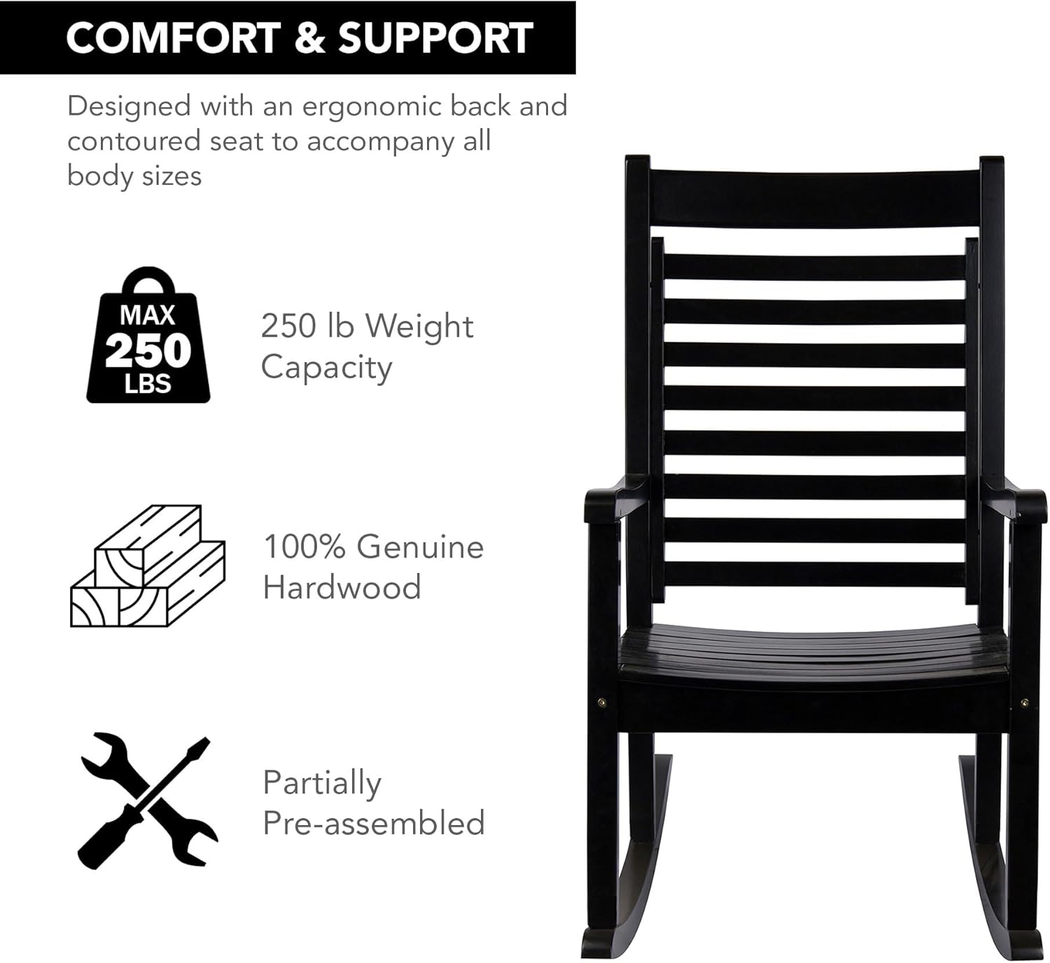 Shine Company Modern Wood Rocking Chair, Ergonomic Wide Seat Porch Rocker, Black