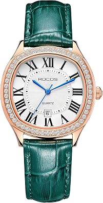 ROCOSJEWE Womens Watch Fashion Square Watch for Women with Roman Numerals,Elegant Quartz Wristwatch,Blue/Green Leather Band Dress Watces,Waterproof,Gift