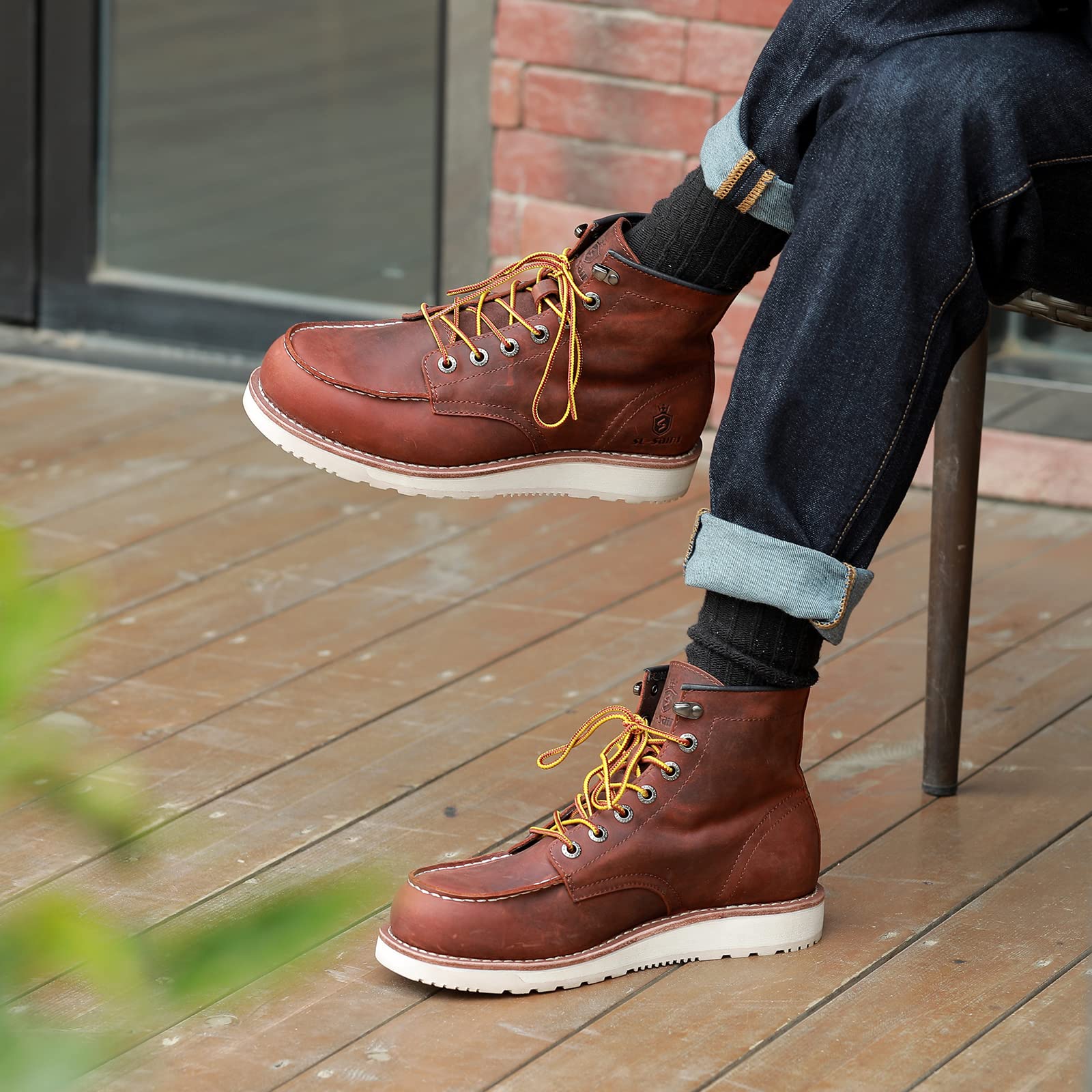 SL-Saint Stivali da lavoro da uomo Soft Moc Toe Classic Casual 6'' con suola con zeppa Scarpe da marroni/Nero