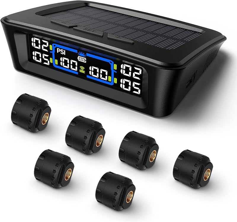 Tymate TM12 RV Tire Pressure Monitoring System, TPMS Set of 6 Sensors | Max. 12 Tires Info Monitoring, 6-Tire Display, 6 Alarm Modes, Solar/USB Charge, 50ft Range, 0-144PSI for RV/Trailer/Camper