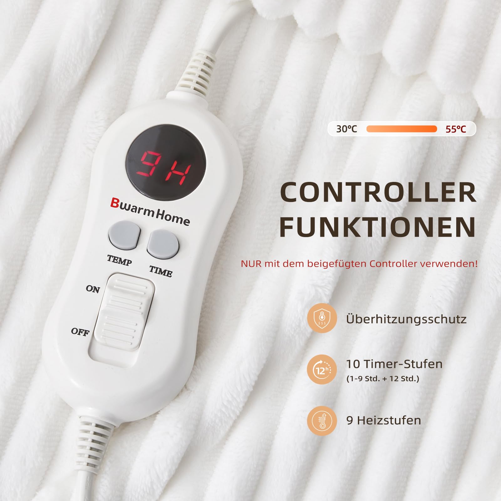 Heizdecke 130x180 cm, Heizdecke mit Abschaltautomatik, Wärmedecke mit 9 Heizstufen und 10 Stunden Timer, Überhitzungsschutz Elektrische Kuscheldecke für Bett, Büro(Weiß Gestreift)