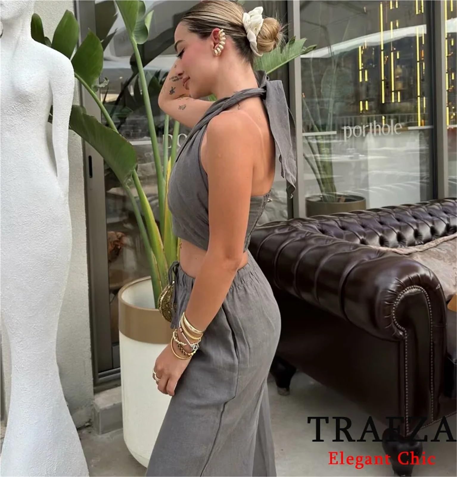 Top con Espalda Cruzada Conjunto de Camisola Cruzada Informal Sexy for Mujer, Conjunto pantalón Playa for Vacaciones Primavera y Verano, Top con Cuello Halter(Gray Set,S)