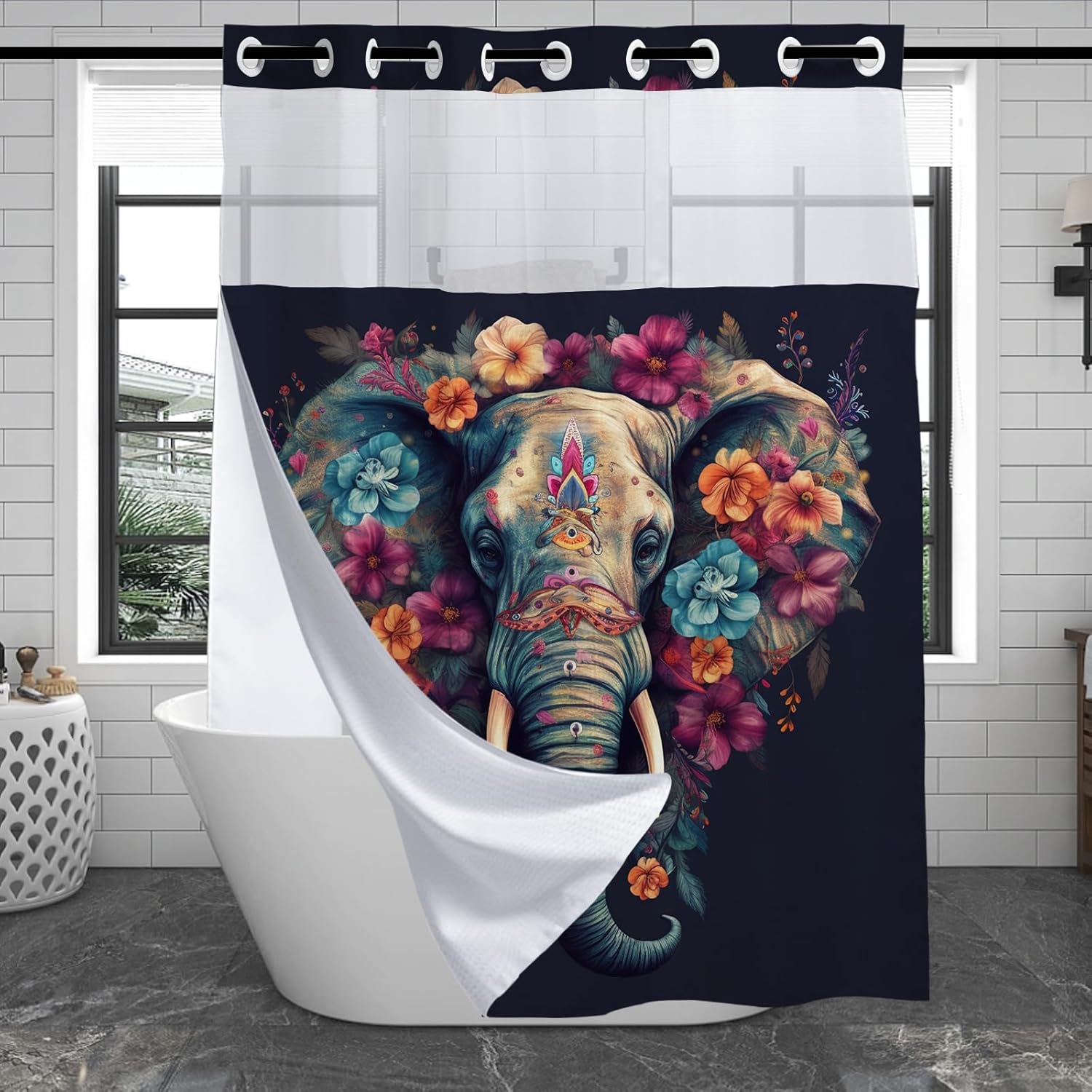Cute Elephant Shower Curtain for Bathroom, Waterproof Waffle Floral Kids Animal Shower Curtain with Snap in Fabric Liner Set, Heavy Duty Shower Curtains Hotel Spa Luxury Polyester 72Wx74H No Hook