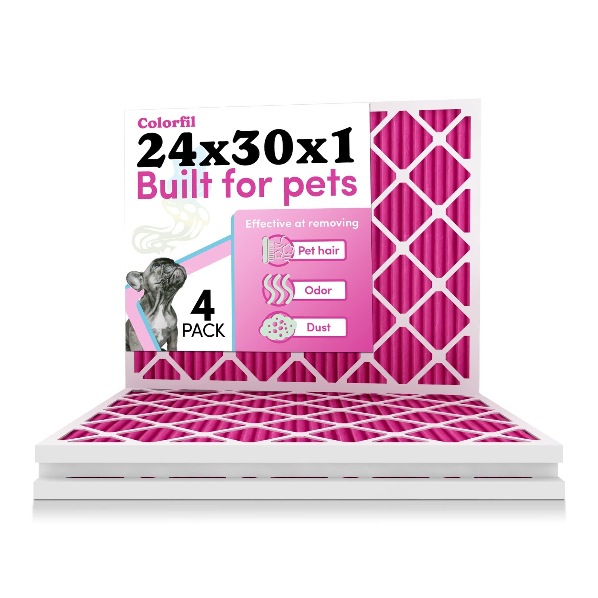 24x30x1 Air Filter by Colorfil | Color Changing Filters for Cat and Dog Odor | MERV 8 Furnace AC Filter for Pet Hair and Dust | 23.9"x29.9"x0.75" Exact Size | Pack of 4