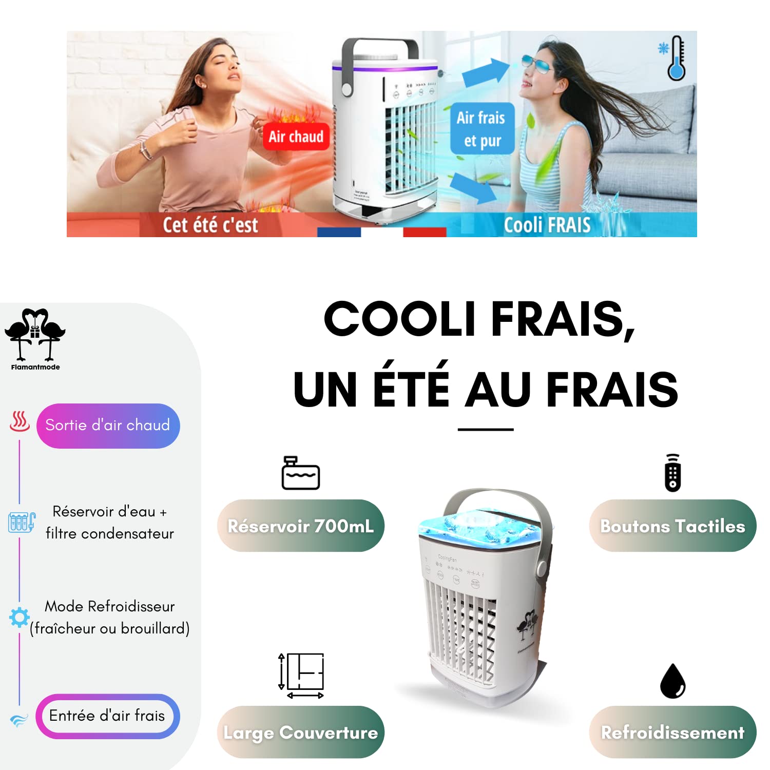 COOLI FRAIS Rafraîchisseur Mobile Sans Evacuation Tactile USB Type-C Portable, Reservoir Refroidissant Eau+Glace 700mL, 4 Vitesses / 2 Modes (fraîcheur & brouillard) Silencieux, alternative à la clim