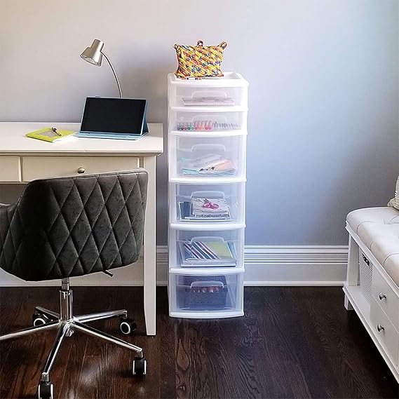 HOMZ Drawer Tower, 6-Tier Storage Cart with Removable Wheels, White Frame
