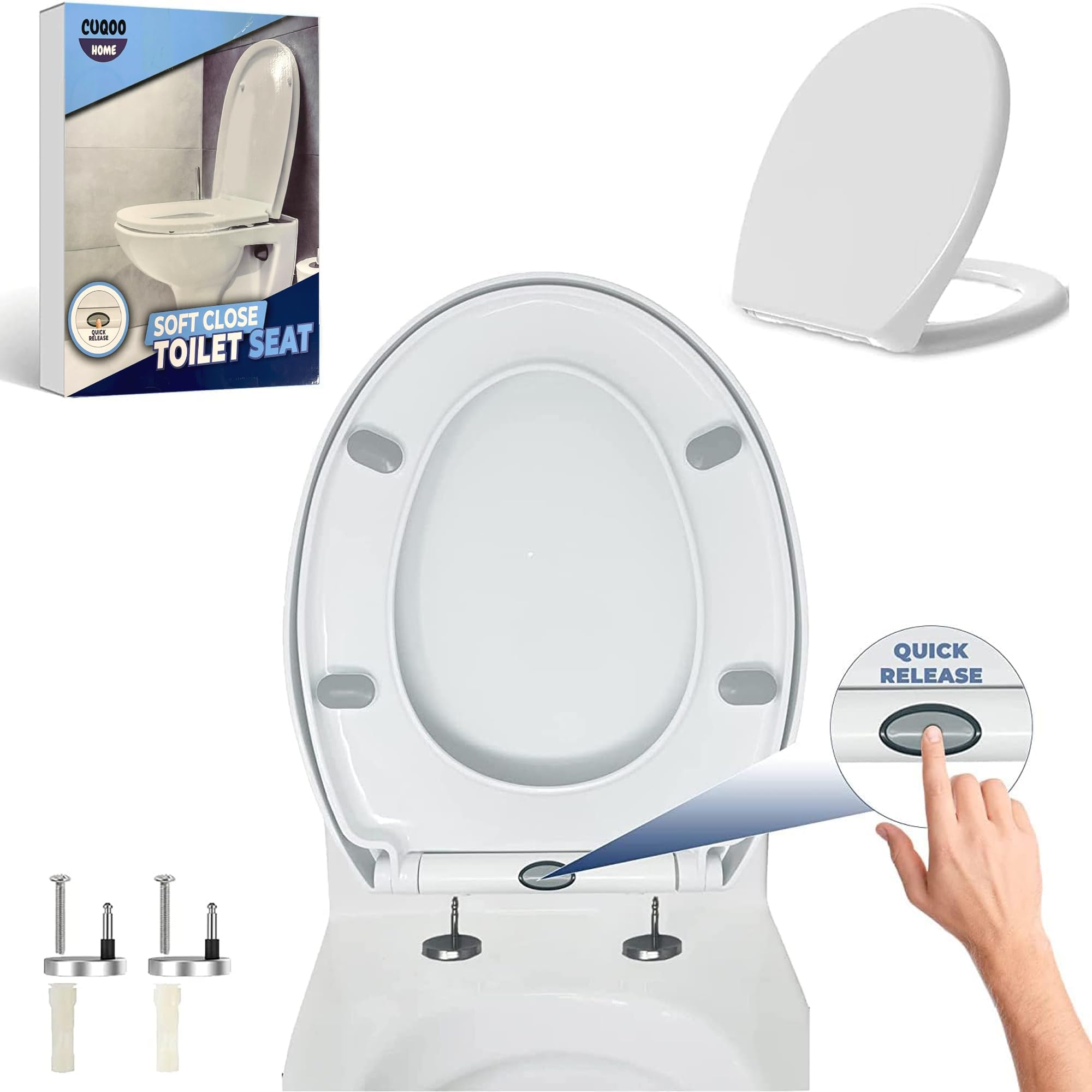 CUQOO Oval Toilet Seat Soft Close - Quick Release Toilet Seat - O Shape Soft Close Toilet Seat White - Slow Close Toilet Seat with Adjustable Hinges (Classic Comfort)