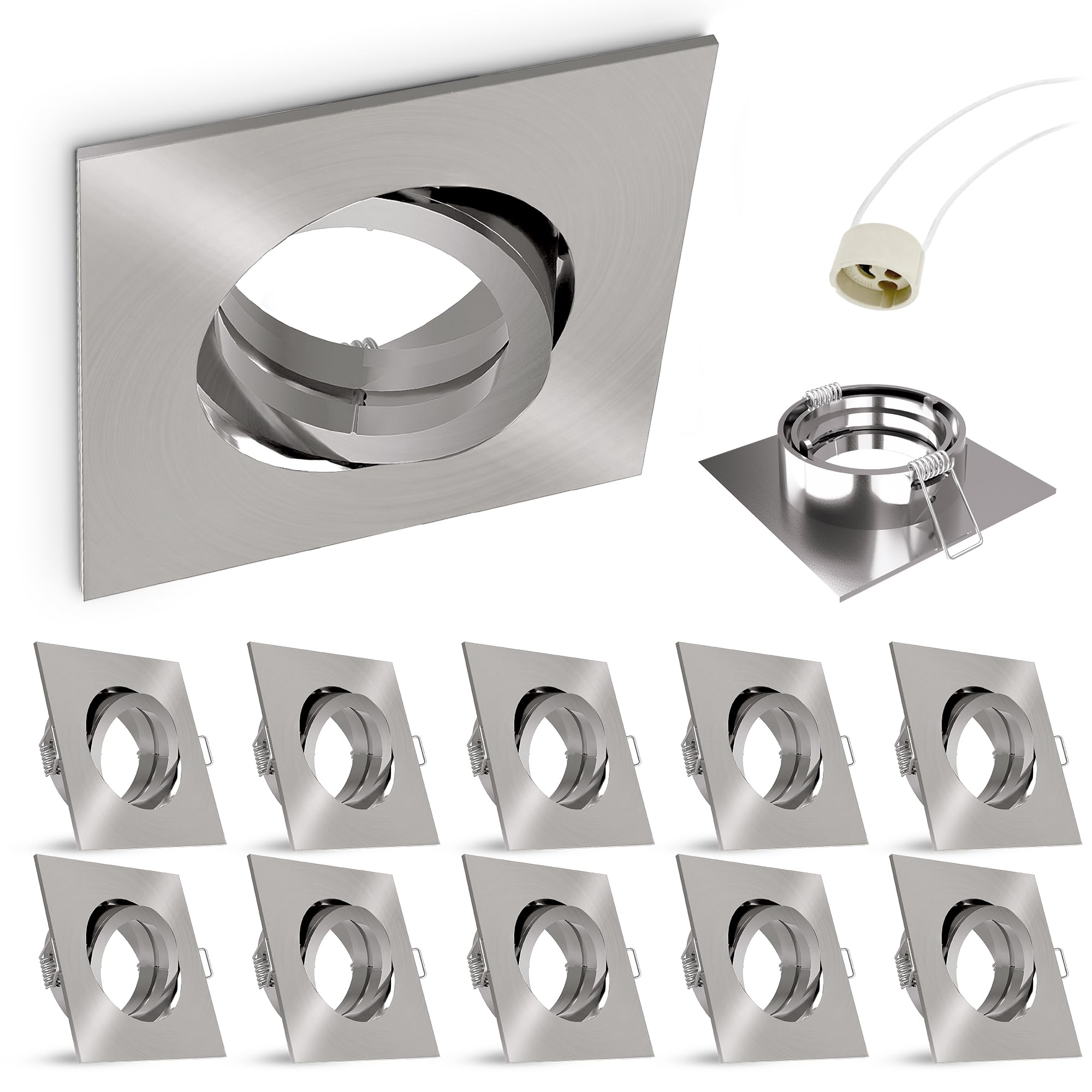 Zestaw 10 szt. linovum® reflektor do zabudowy rama montażowa wychylna kwadratowa aluminium szczotkowane wraz z oprawą GU10 do LED, halogenowa