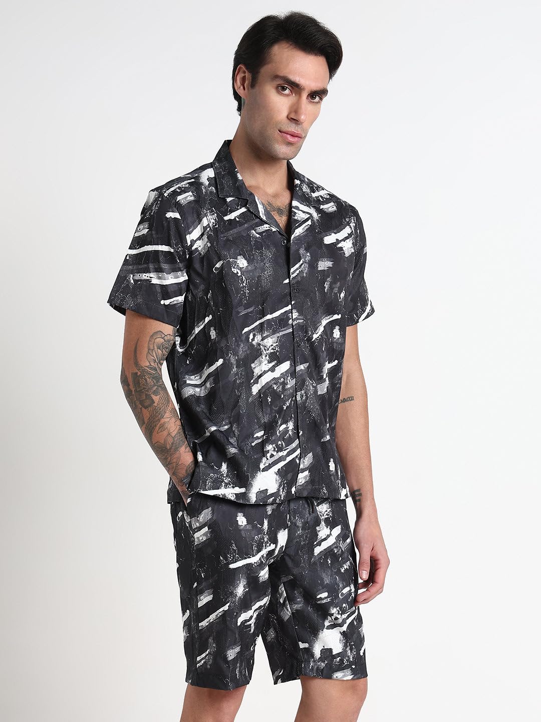 SHOWOFFFF Men Printed Two-Piece Co Ords | Cuban Collar Half Sleeves Crepe Co-Ord for Mens | Mid-Rise Relaxed Fit Knee Length Co-Ords for Men's | Grey-S 2