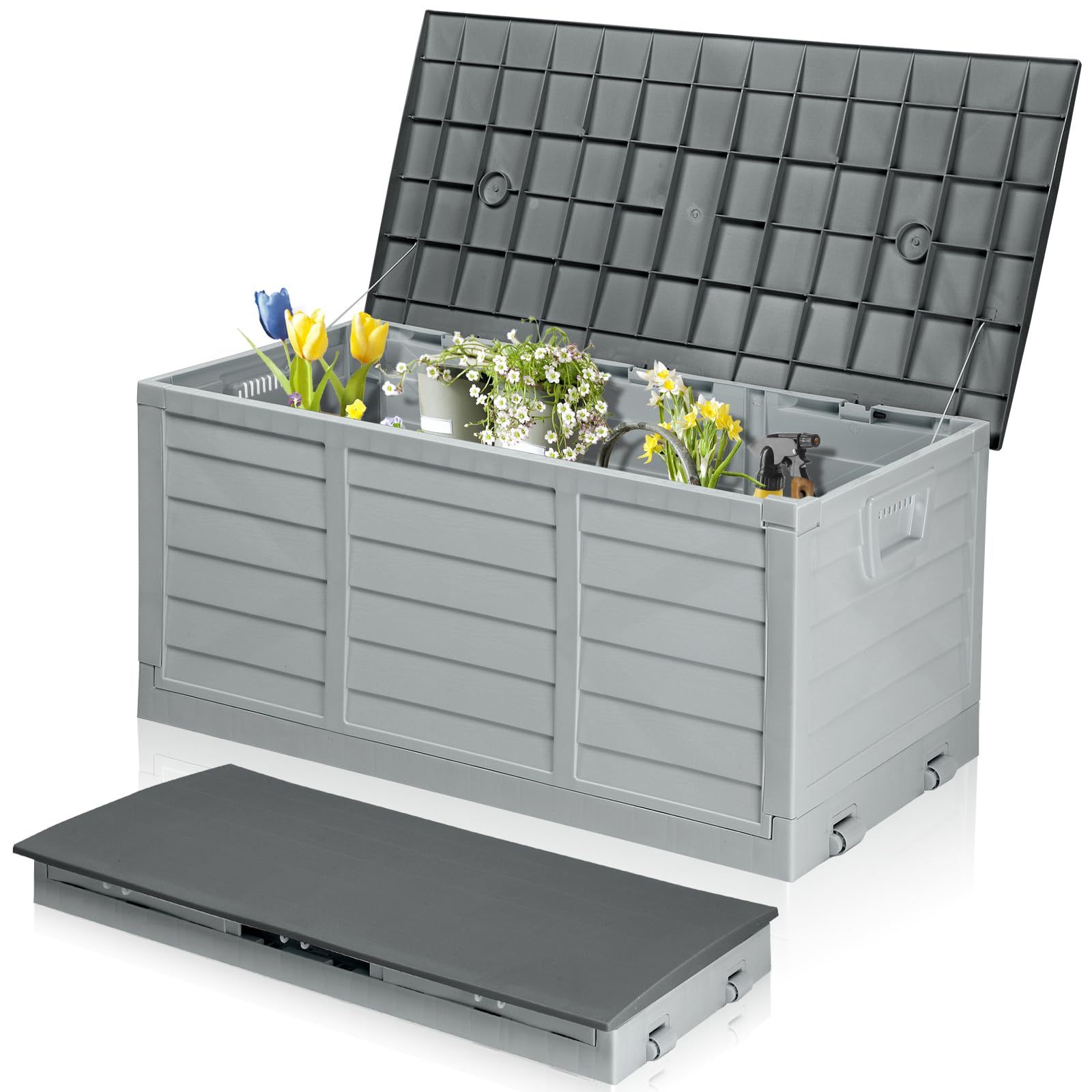 Foldable Garden Storage Box, 280L Outdoor Plastic Utility Chest Organiser with Strapped Lid, Weather Resistant, Portable, Ideal for Garden, Patio, Balcony, Decking, Grey&Black — view 11