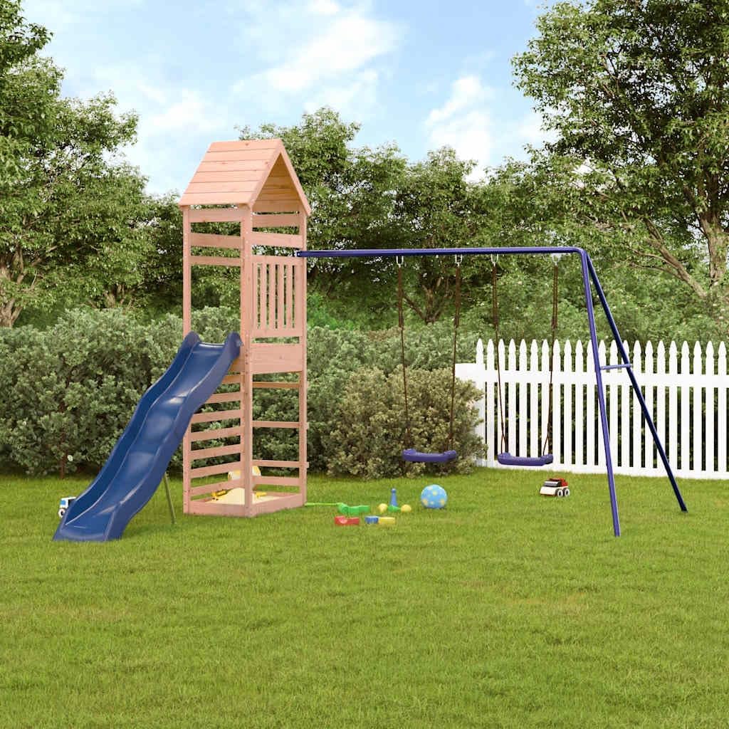 Large Outdoor Wooden Playset for Backyard, Play Tower with Wavy Slide, Double Swing Set, Climbing Wall and Sandpit, Solid Douglas Fir Construction for Kids Ages 3-8