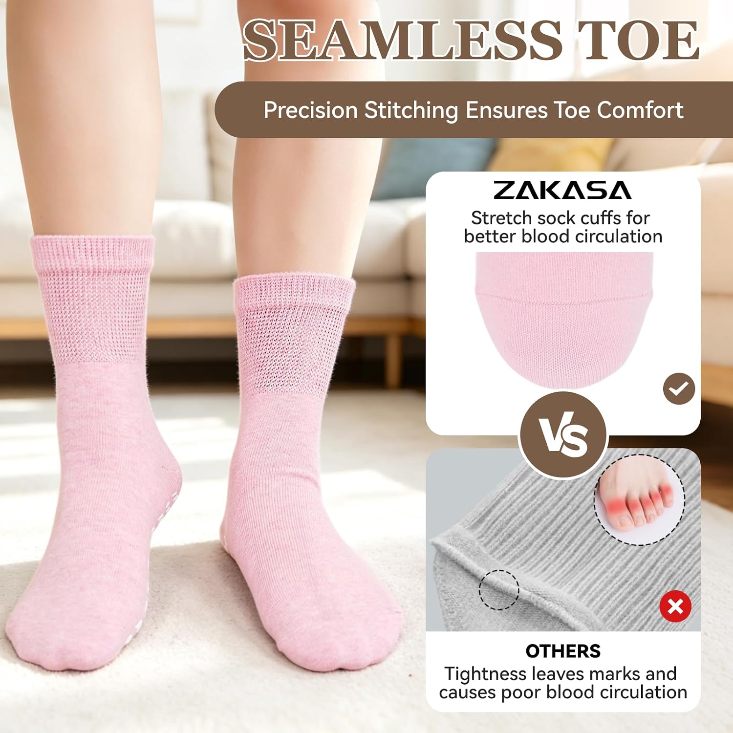 ZAKASA Non Slip Socks for Women: Crew Cotton Non Skid Socks with Grips for Hospital Elderly&Pregnant Fall Prevention 5 Pairs