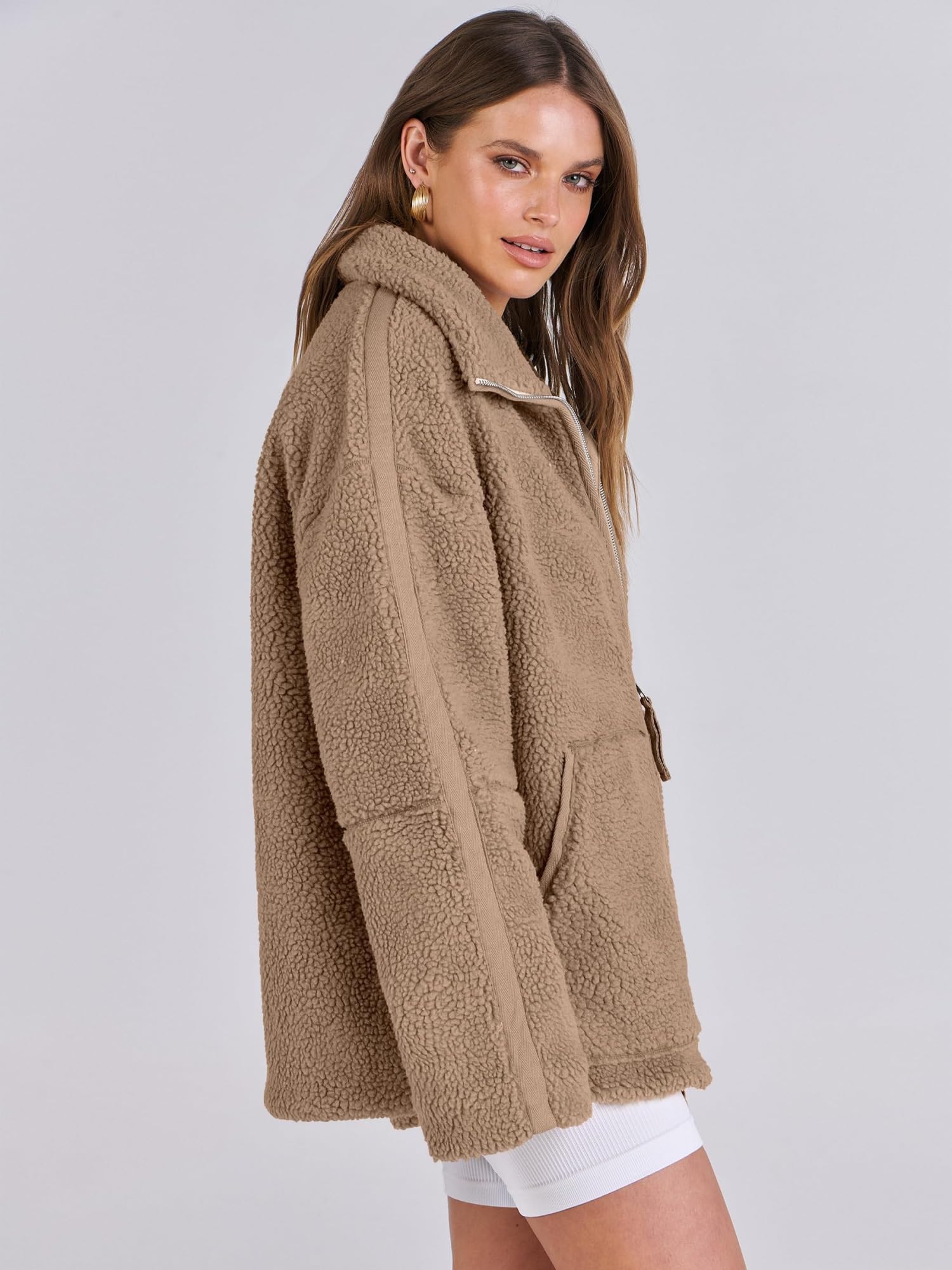 Damska kurtka polarowa Oversize Zip Up Sherpa Fuzzy Casual Płaszcze Zimowa, jesienna odzież wierzchnia Odzież z kieszeniami