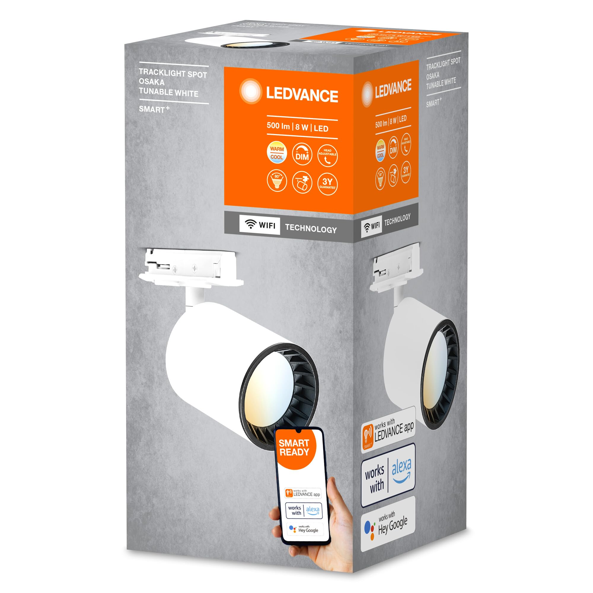 LEDVANCE Tête d'éclairage du système de rail SMART+ Tracklight WiFi,blanc, 8W, 500lm, tête directionnelle, blanc réglable 3000K-6500K, contrôlable par application, compatible Amazon, Google, etc.
