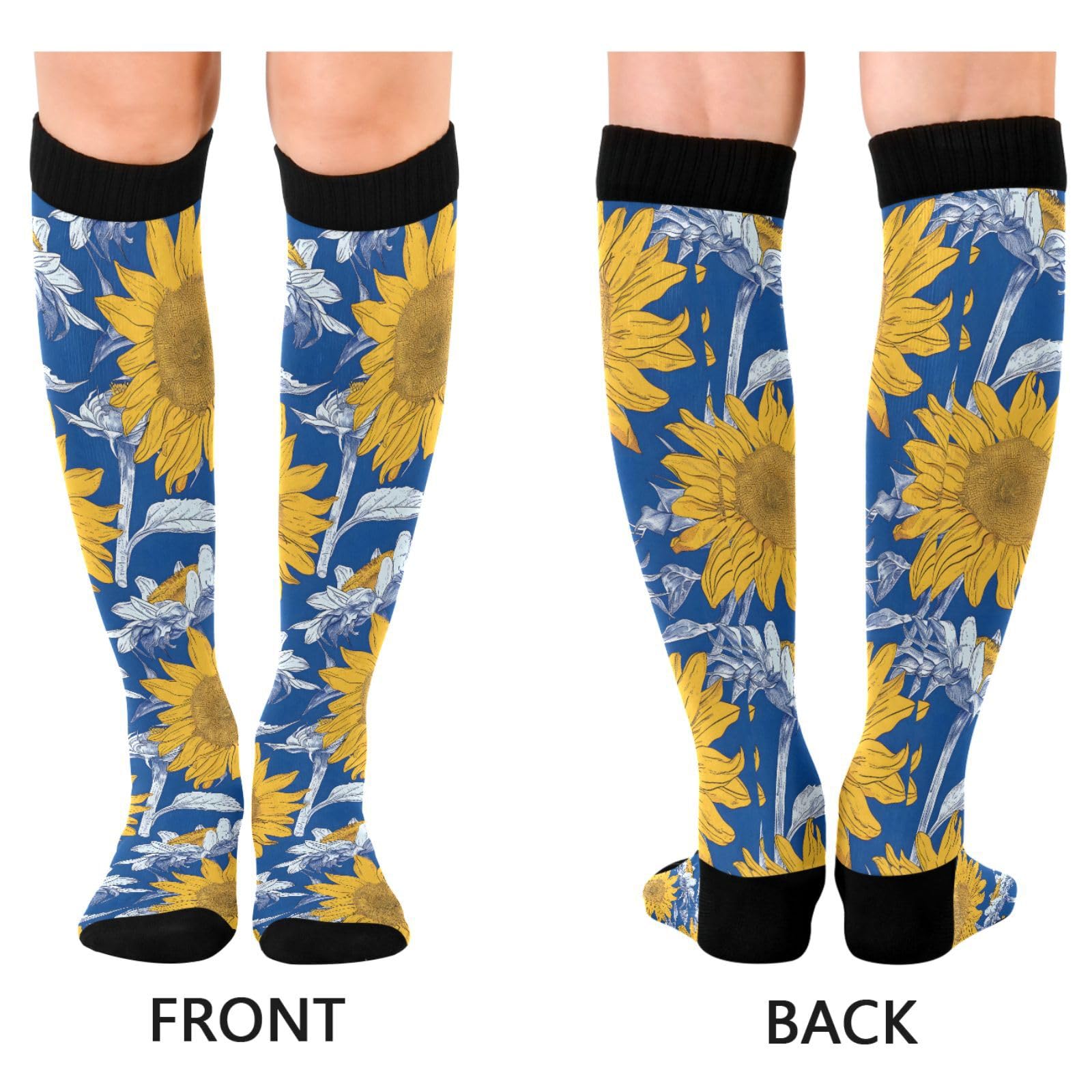 MFTJYO Sunflowers Retro Blue Boho Compression Socks for Women Men Circulation Long Knee High Socks for Athletic Sports Running