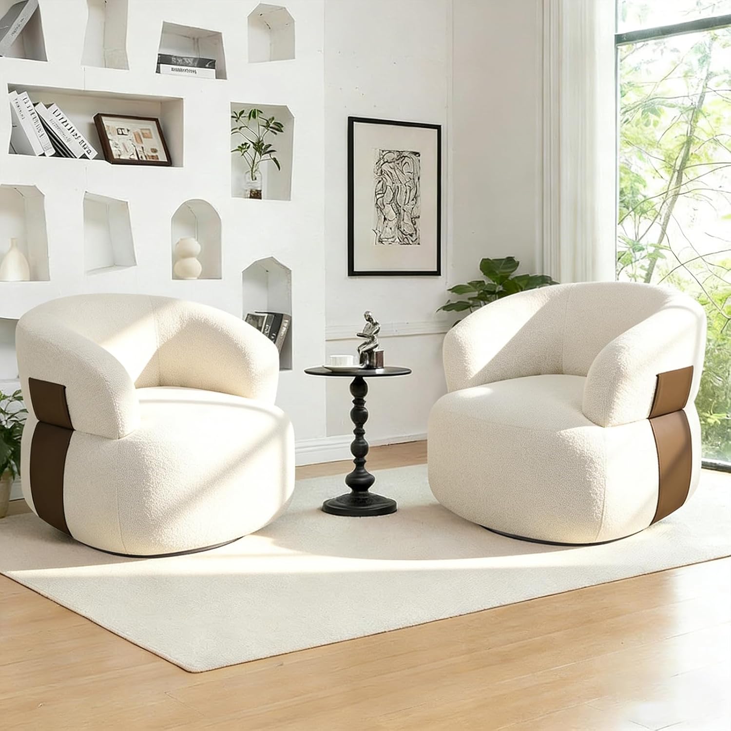 Swivel Barrel Accent Chairs-Modern Round Club Arm Chair Upholstered Living Room Armchair, Single Sofa Seating Bedroom Side Reading Seat for Living Roon Office (Beige-Chenille, 2*Seats)