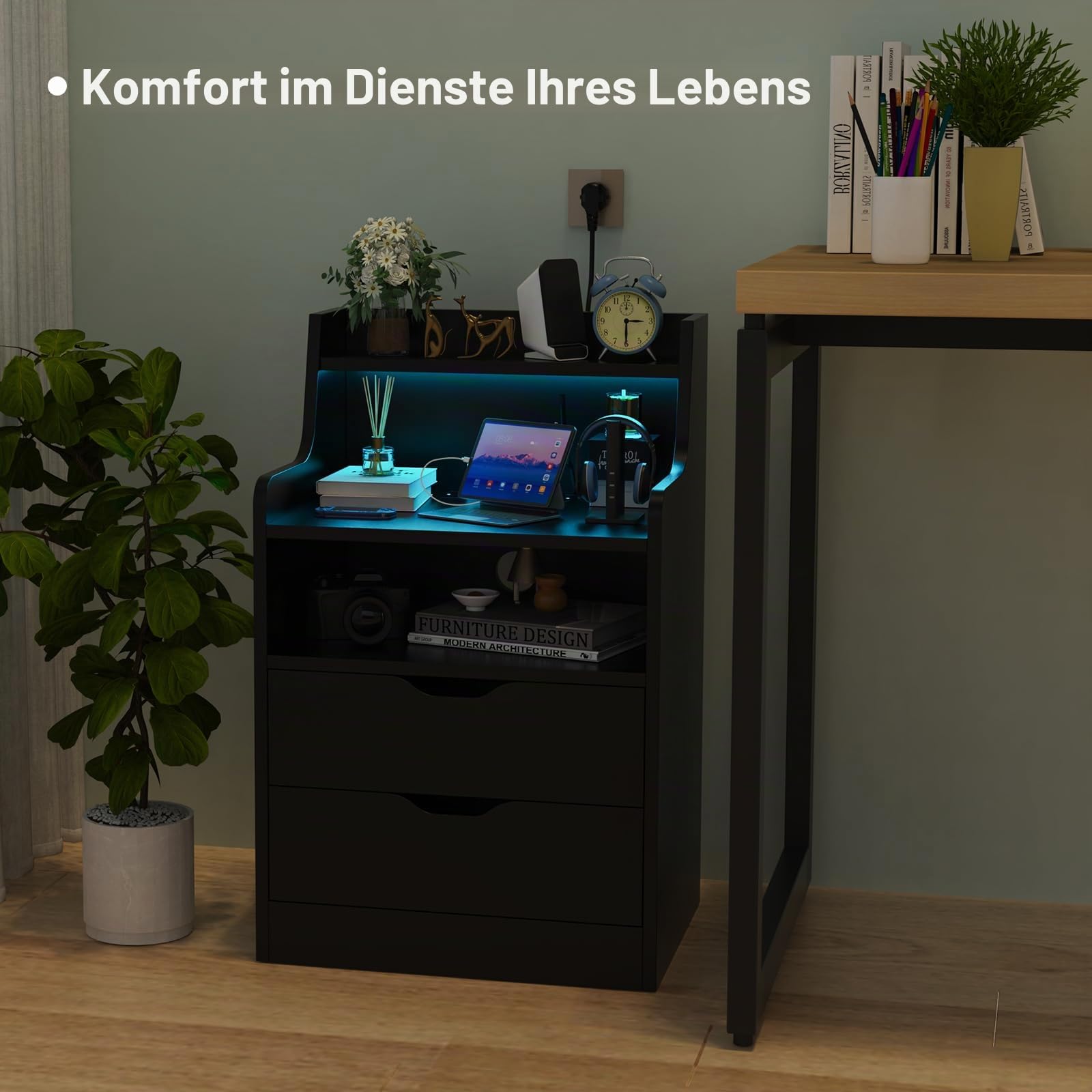 Nachttisch LED mit Steckdose & USB, Nachtschrank mit 2 Schubladen und offenem Ablagefach, Smart Nachttische mit LED-Beleuchtung, Nachttische Schwarz 45x35x73cm, Modern Nachtschrank Tisch
