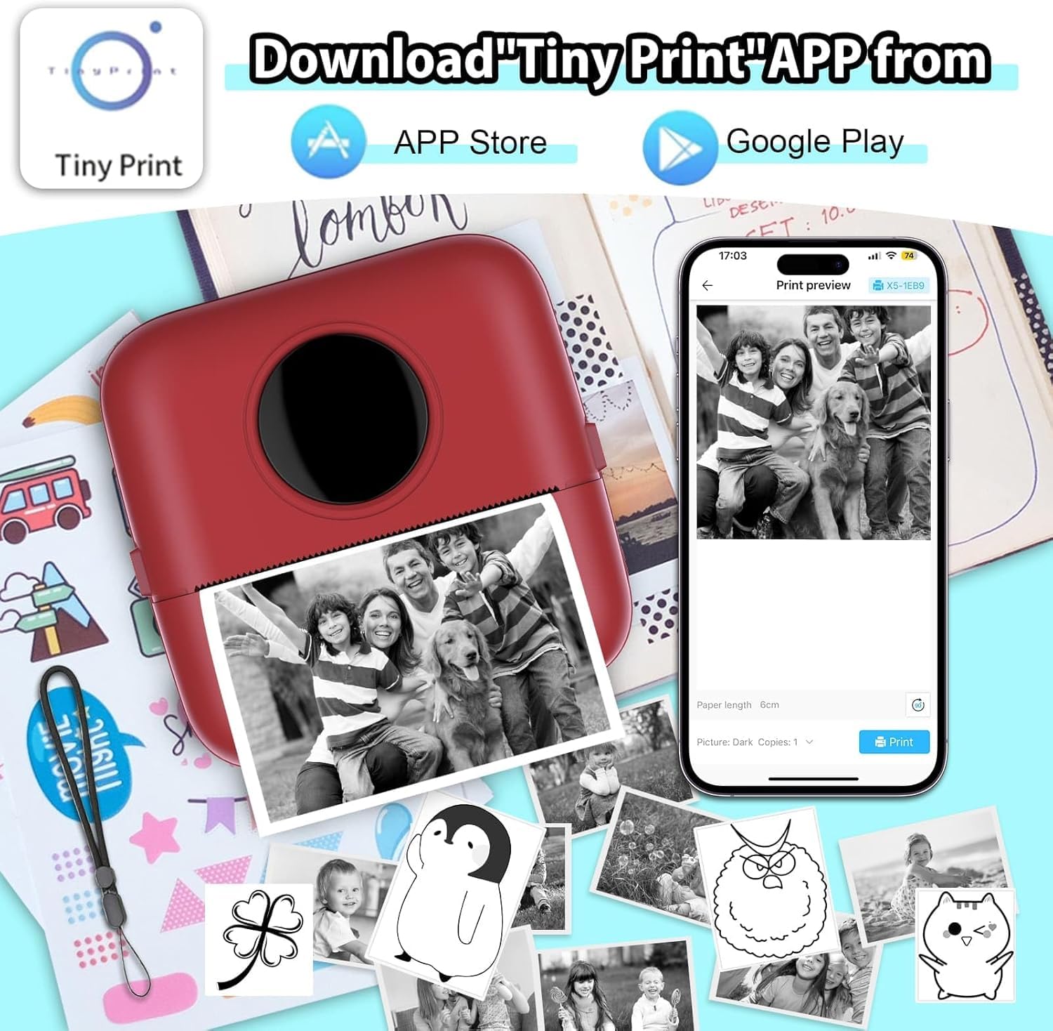 HuiJuKeJi Mini Stampante Fotografica,Stampante Termica,stampa di ricevute,stampante fotografica,con 10 rotoli di carta 1 adesivo per smartphone Fotografica Note Elenco Memo RGB rosa (Red)