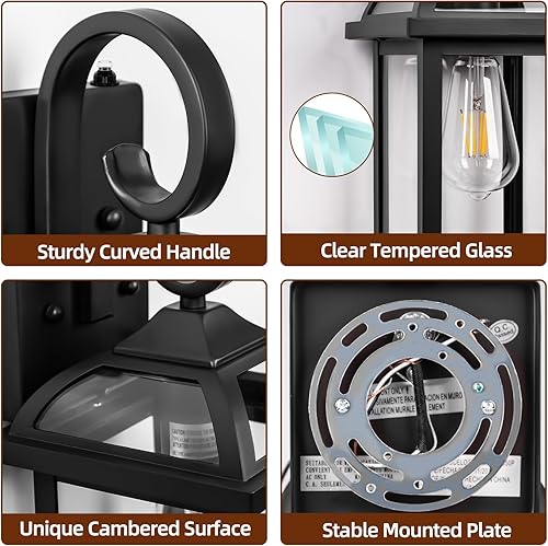 Vista 13 de Paquete de 2 lámparas exteriores negras, luces de pared de aluminio antioxidante para luces de porche de casa, luces IP65, impermeables, de vidrio