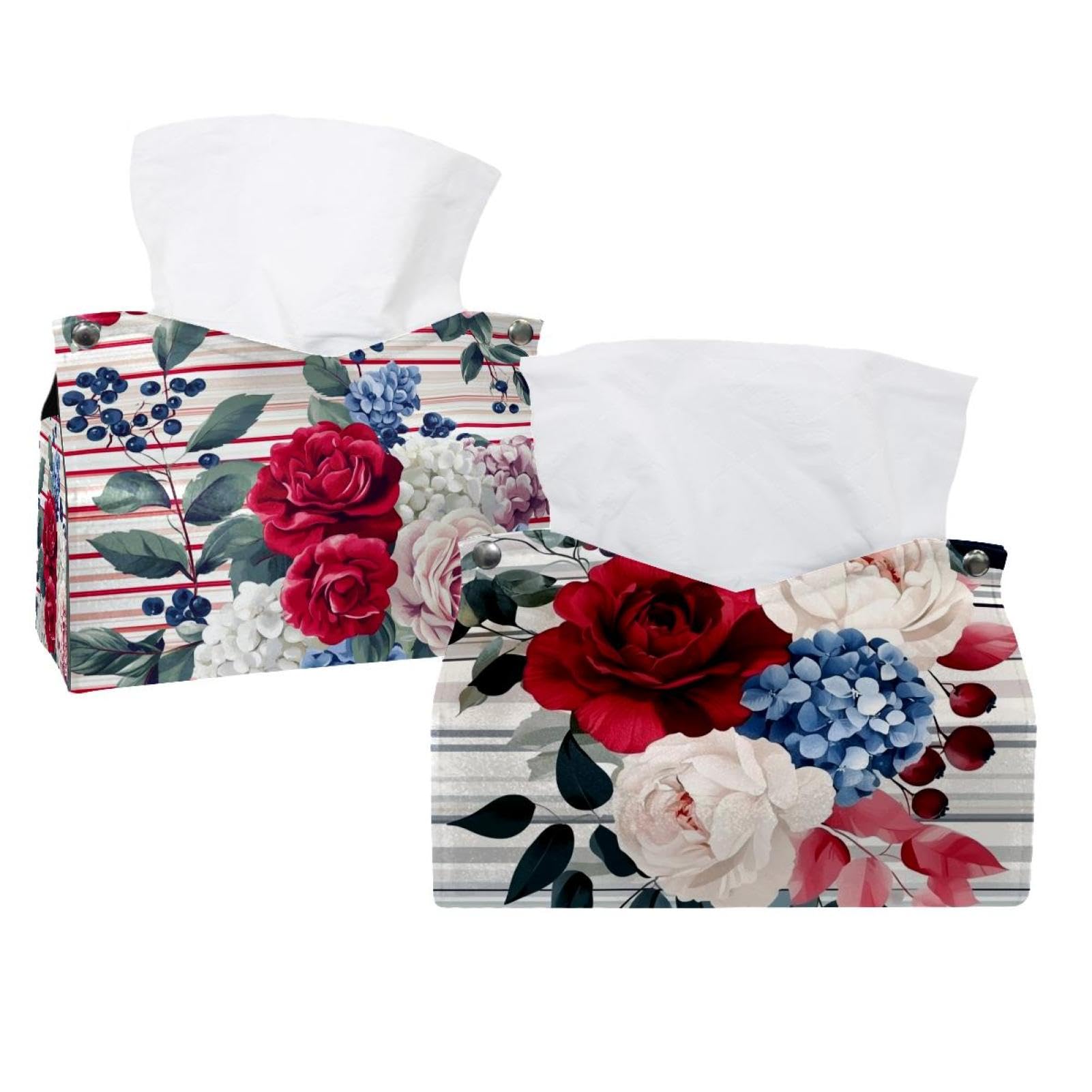 2 pack Floral Flower Red Roses Tissue Box Cover Leather Tissue Holder Facial Tissue Case Paper Organizer for Bathroom, Vanity Countertop, Tabletop, Car