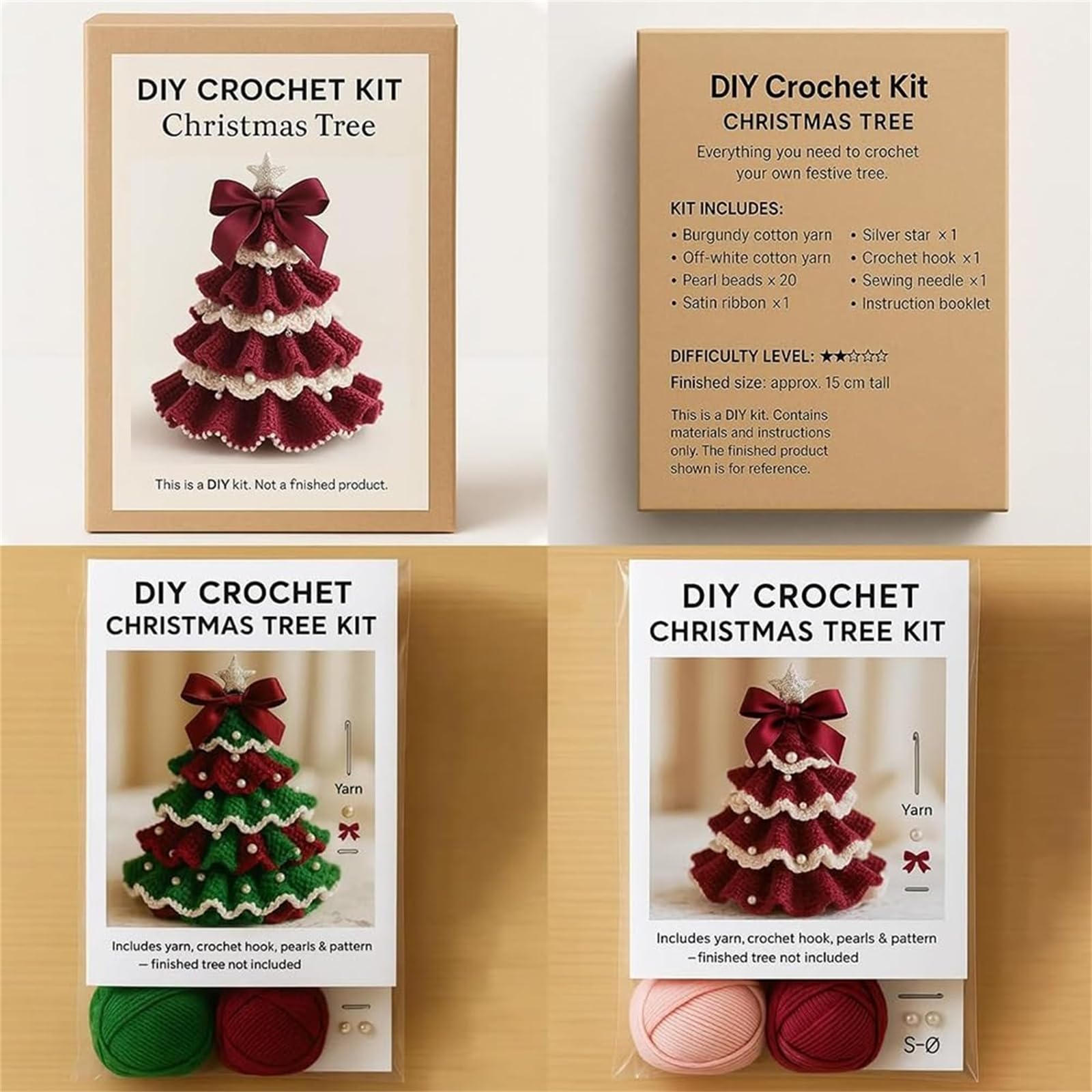 Kit de árbol de Navidad de ganchillo hecho a mano, juego de decoración navideña con lazo y adorno de perlas, perfecto para principiantes