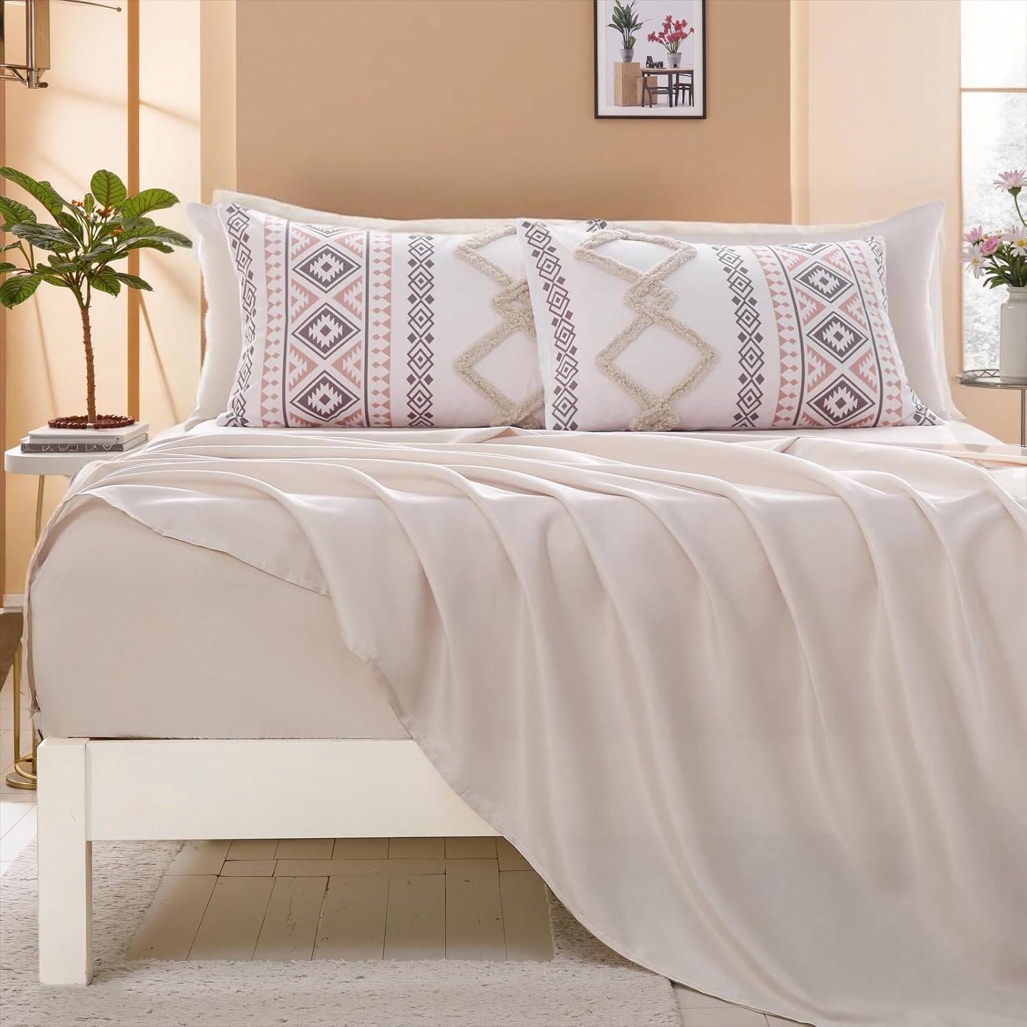 MOVE OVER Beige Tufted Comforter Set King Size 7 Pieces Boho Chic Farmhouse Bedding Set Bohemian Aztec Comforter Set and Sheet Set Modern Style Tufted Bedding Set for All Seasons