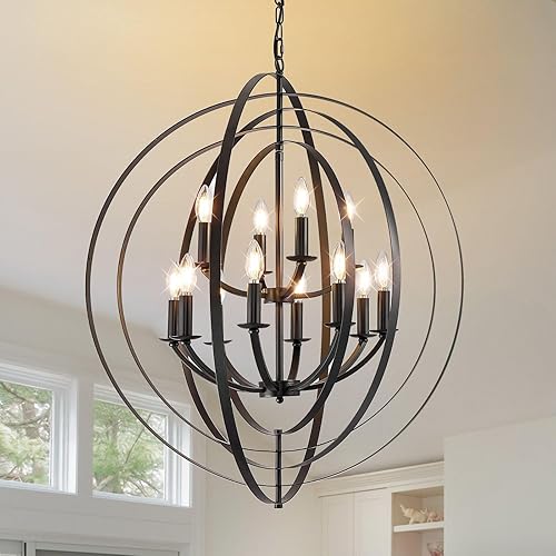Miniatura 12 de WJShome Lámpara de araña negra y dorada de 31.5 pulgadas, lámpara moderna de 12 luces para entrada, lámparas colgantes redondas, candelabros grandes
